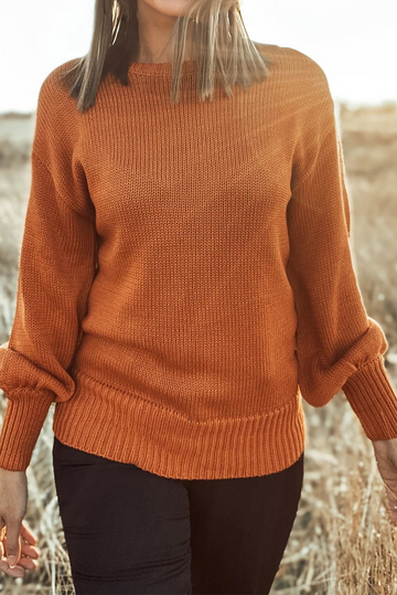 Gold Flame Solid Color Ribbed Trim Drop Shoulder Sweater
