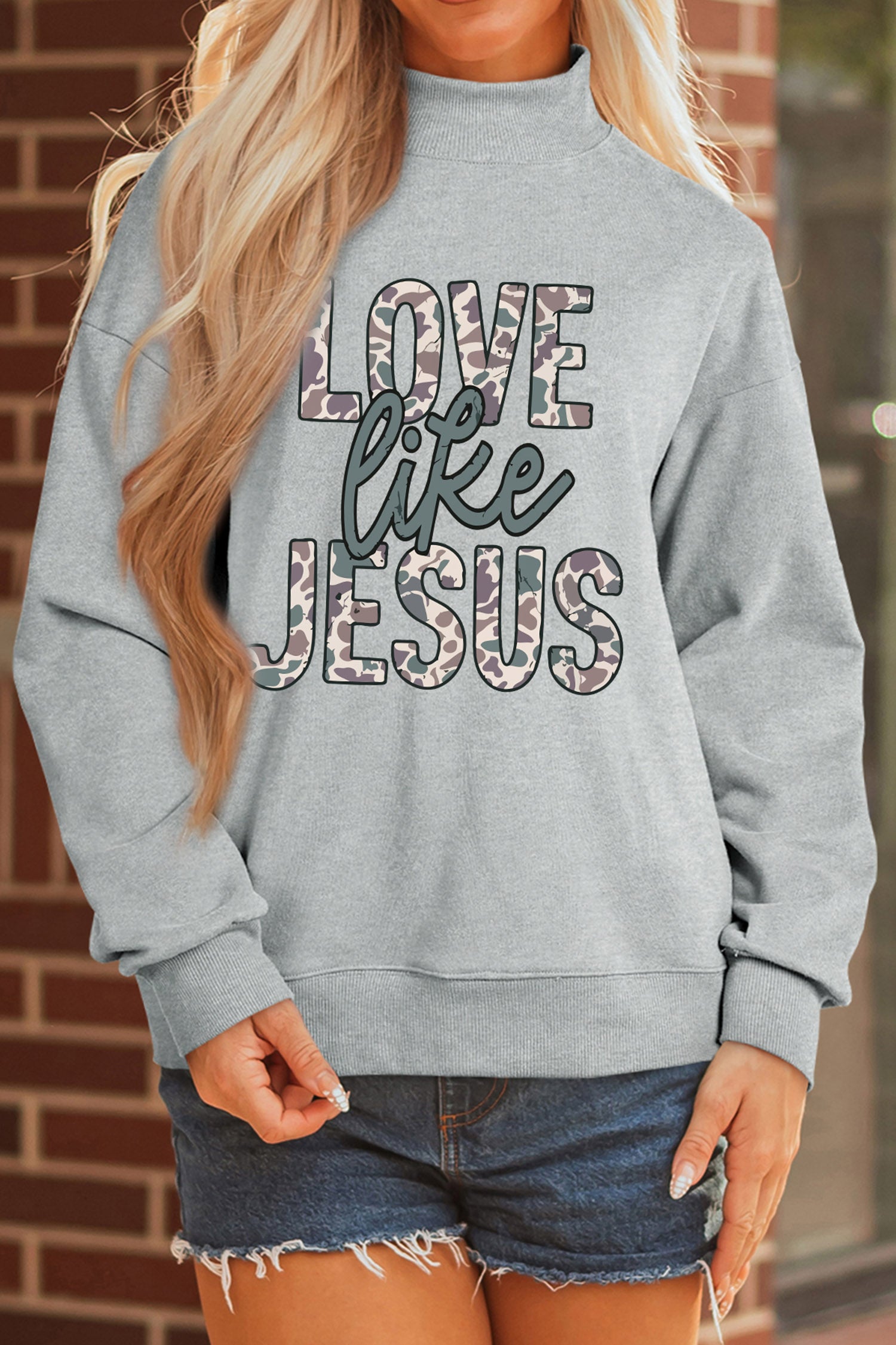 Gray Casual Camouflage Letter Print Faith Inspired Mock Neck Sweatshirt