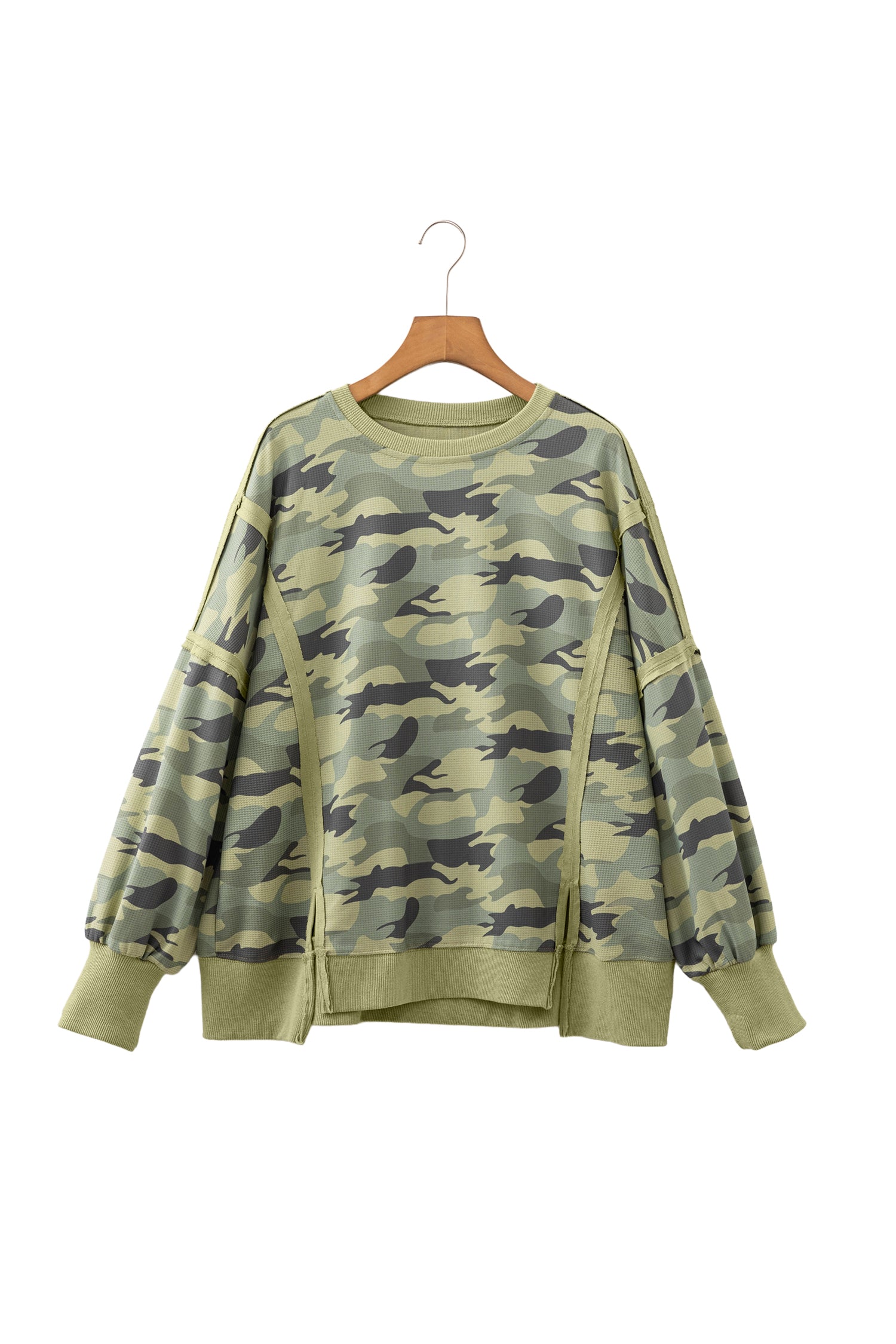 Green Camouflage Waffle Knit Raw Edge Contrast Trim Oversized Long Sleeve Top