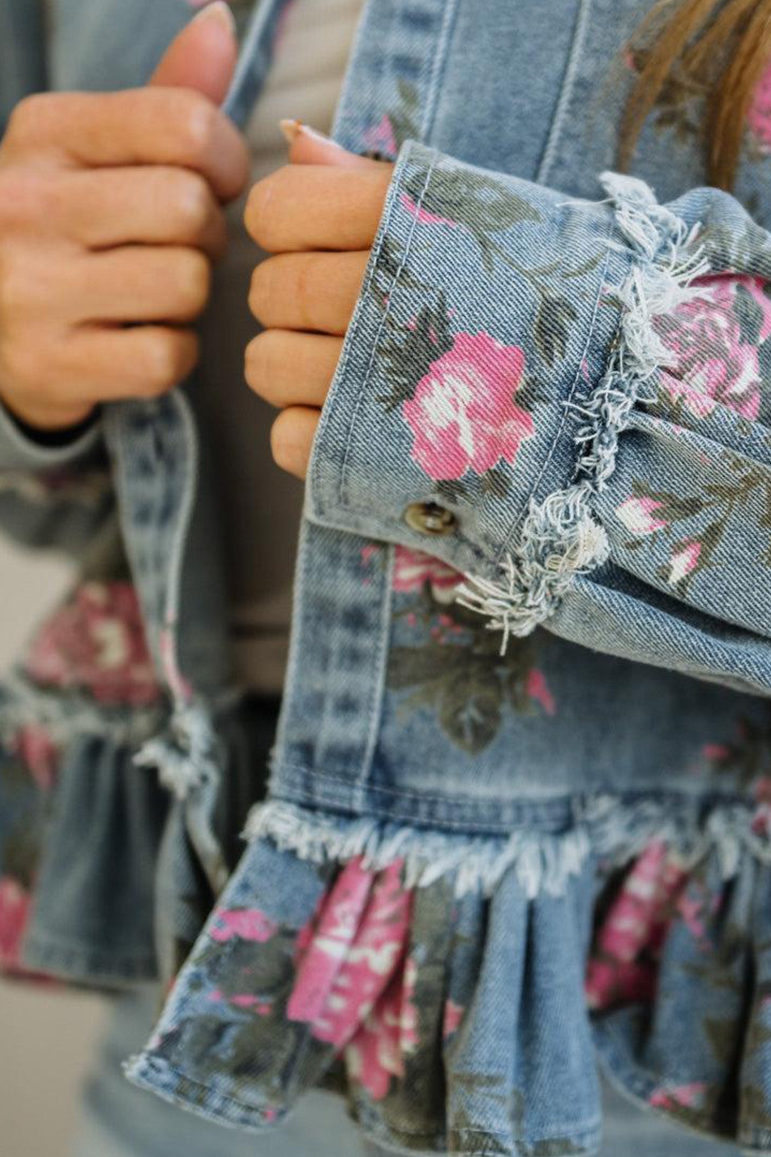 Sky Blue Floral Print Raw Seam Ruffle Hem Denim Jacket
