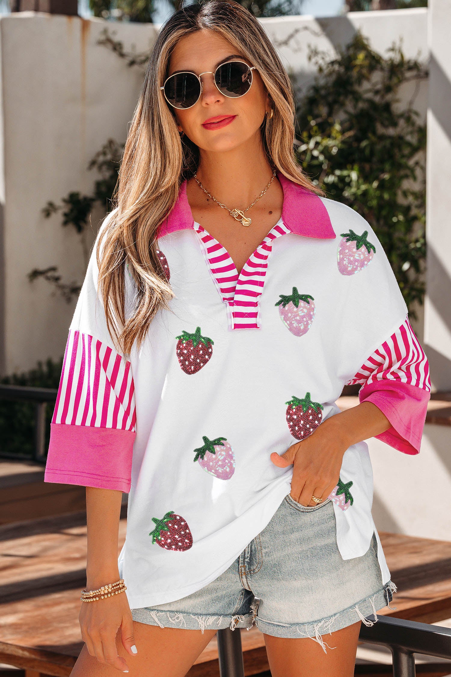 White Sequin Strawberry Print V Neck Striped Sleeve Casual Summer Tee
