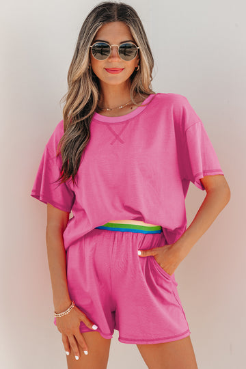 Bright Pink Seam Detail Raw Edge Tee Rainbow Waistband Casual Short Set
