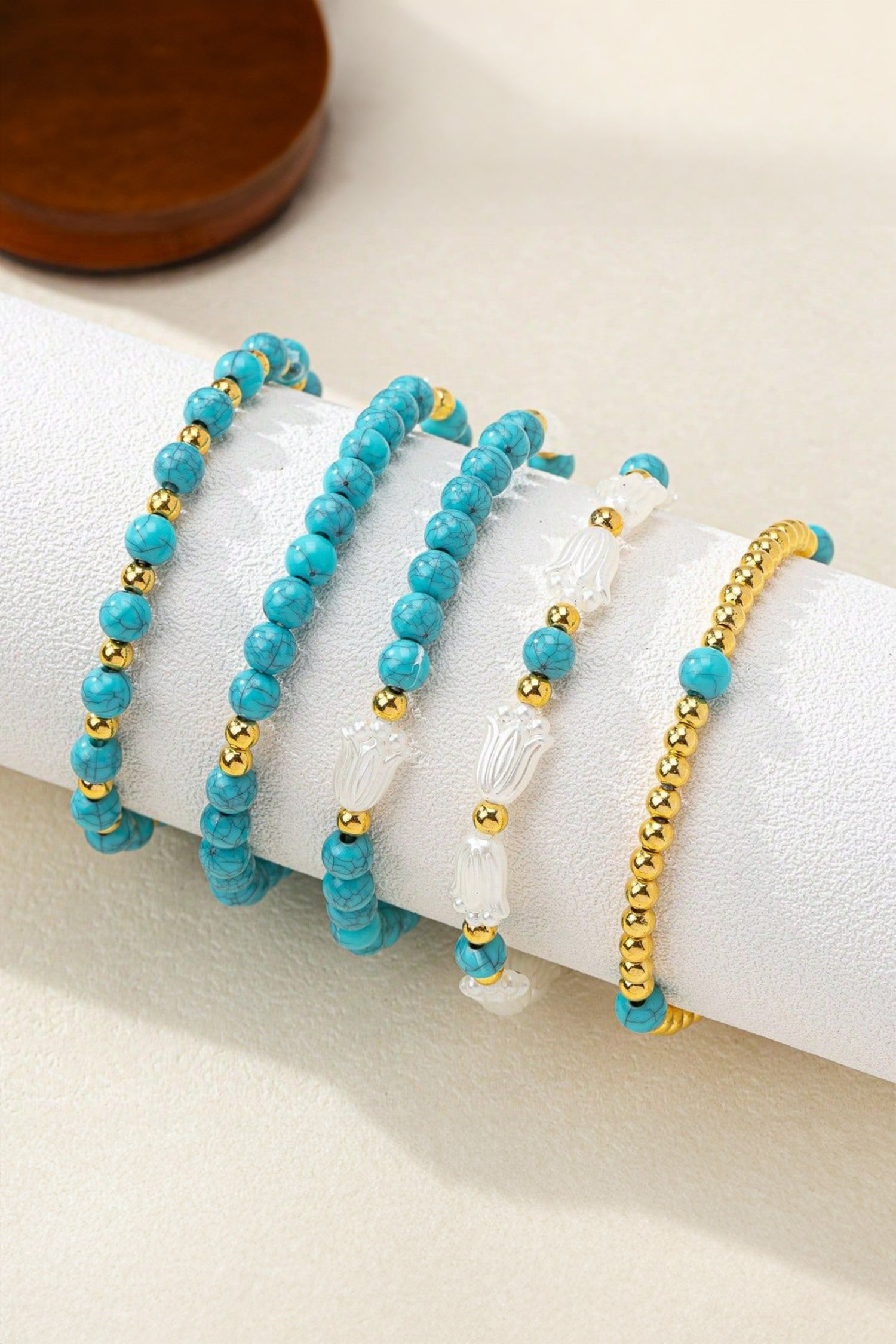 Turquoise Mixed Golden Beads Pearlish Detail 5pcs Bracelet Set