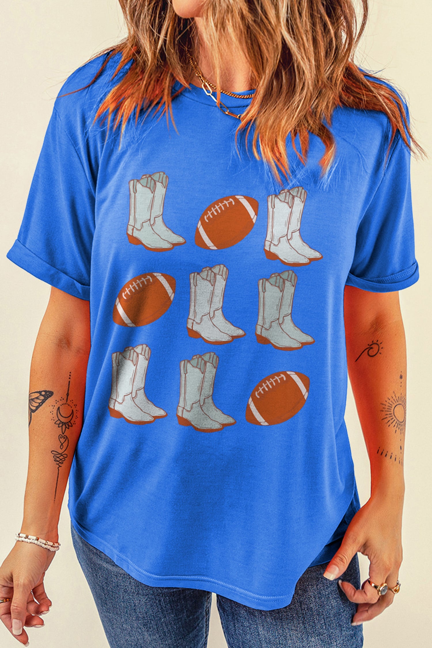 Dark Blue Western Boots Rugby Graphic Print Round Neck Tee