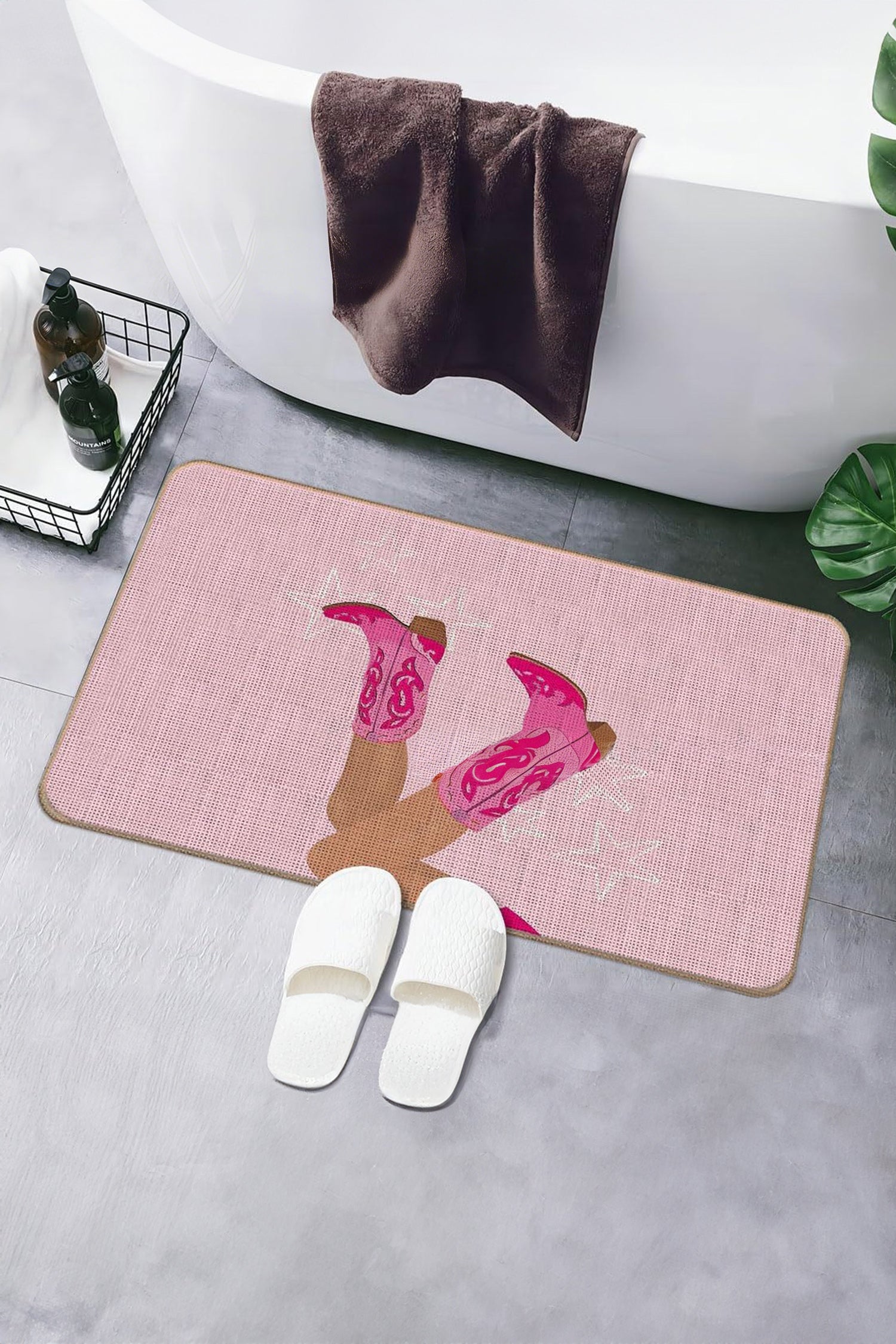 Bright Pink Cowgirl Boots Absorbent Bath Mat