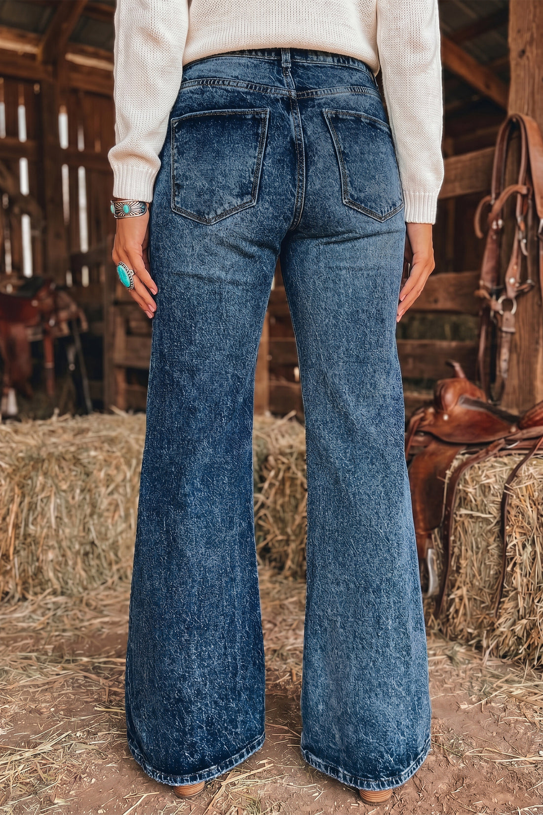 Sail Blue Acid Wash Pocket Detail Flare Jeans