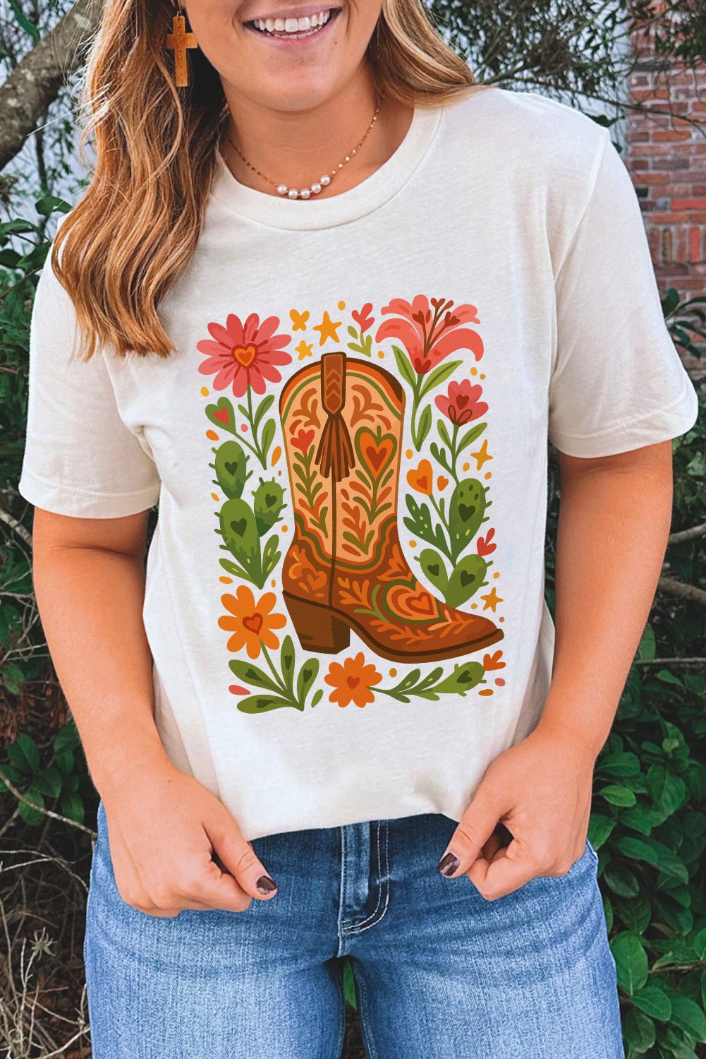 White Western Floral Boots Printed Casual Cotton Blend T Shirt