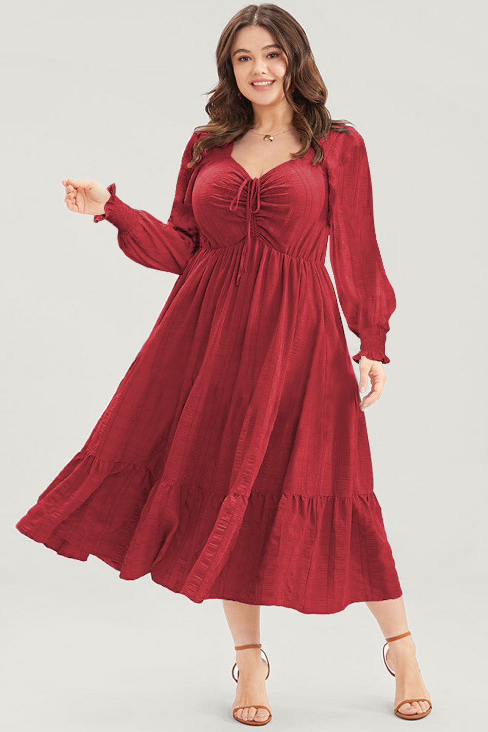 Fiery Red Lace-up Ruched Front Long Sleeve Ruffle Hem Plus Size Midi Dress