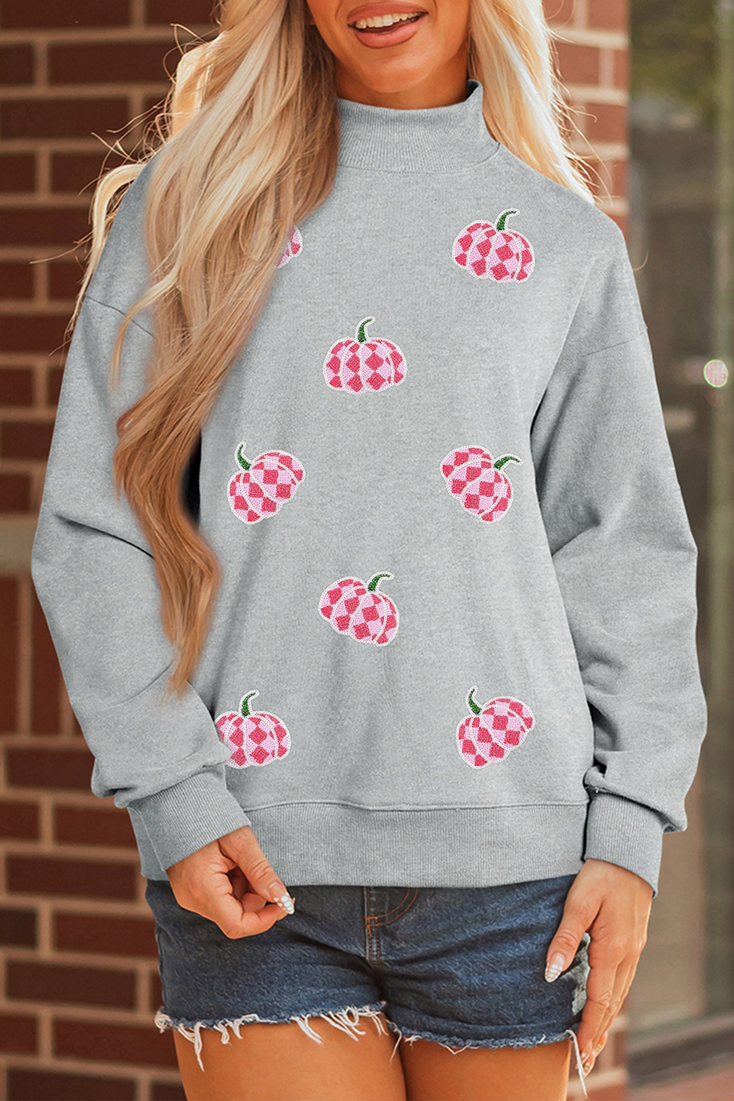 Gray Sequined Pumpkin Graphic Mock Neck Baggy Pullover Sweatshirt
