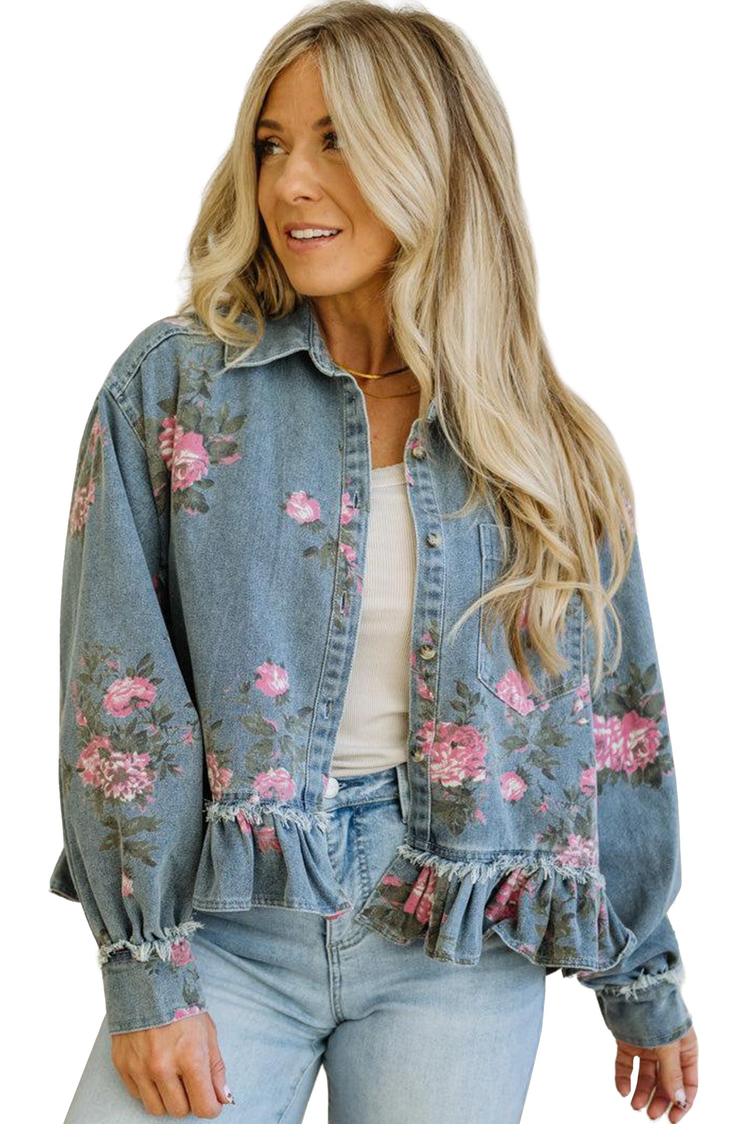 Sky Blue Floral Print Raw Seam Ruffle Hem Denim Jacket