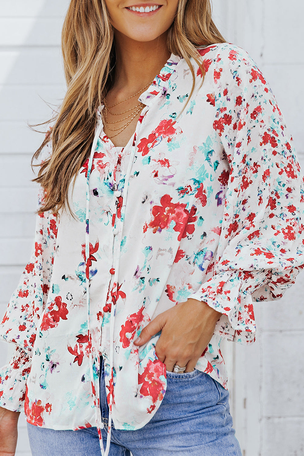 Fiery Red Cakewalk Floral Smocked Blouse