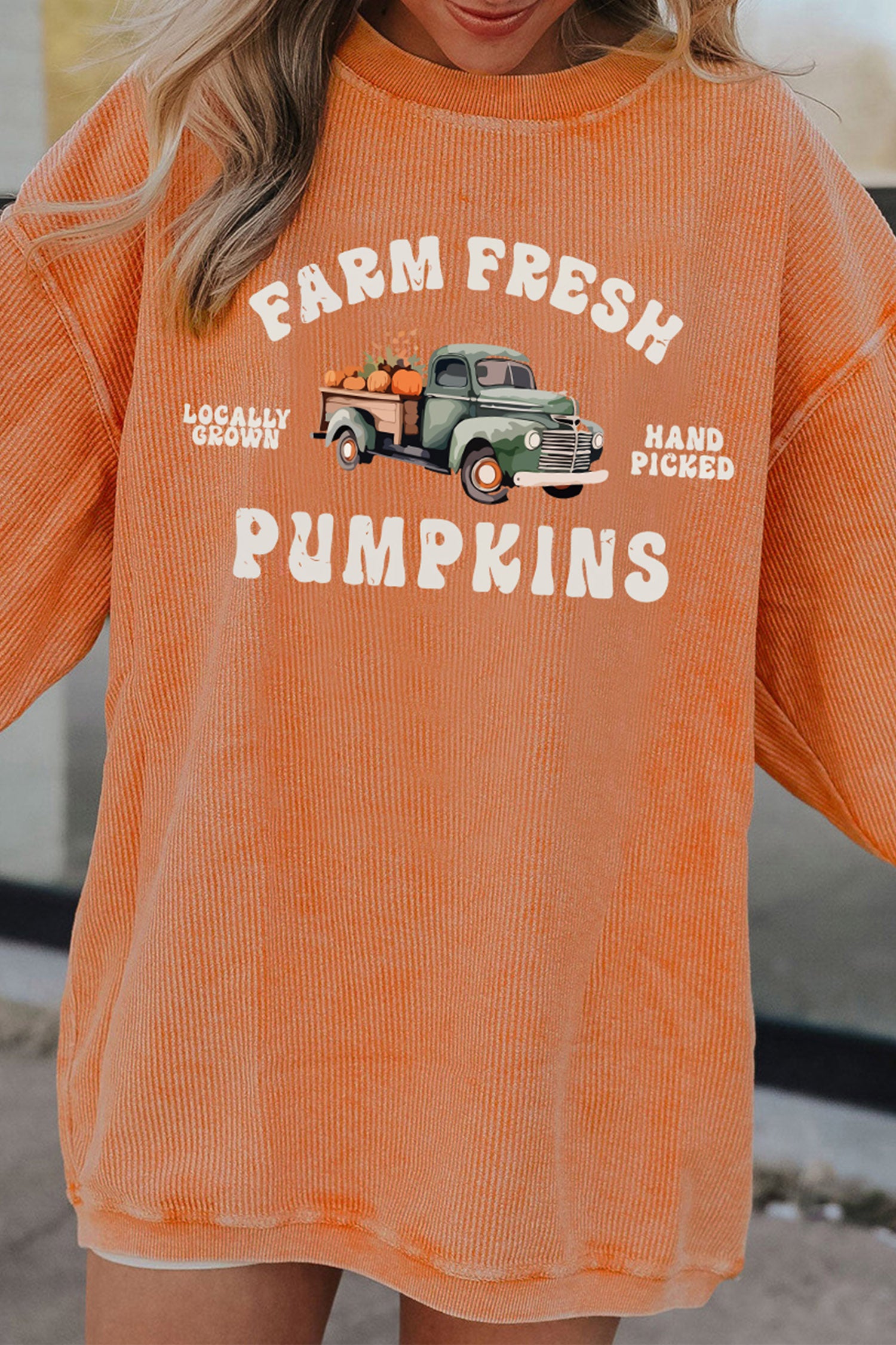 Orange Corded Ribbed Farm Fresh Pumpkins Graphic Pullover Sweatshirt
