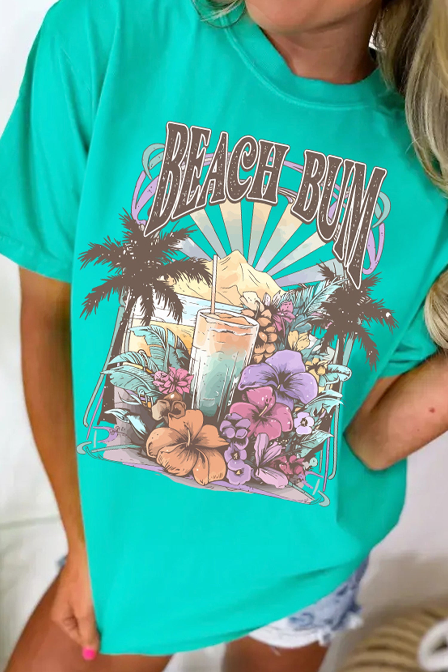 Mint Green Beach Bum Slogan Round Neck Summer Vacation Tee