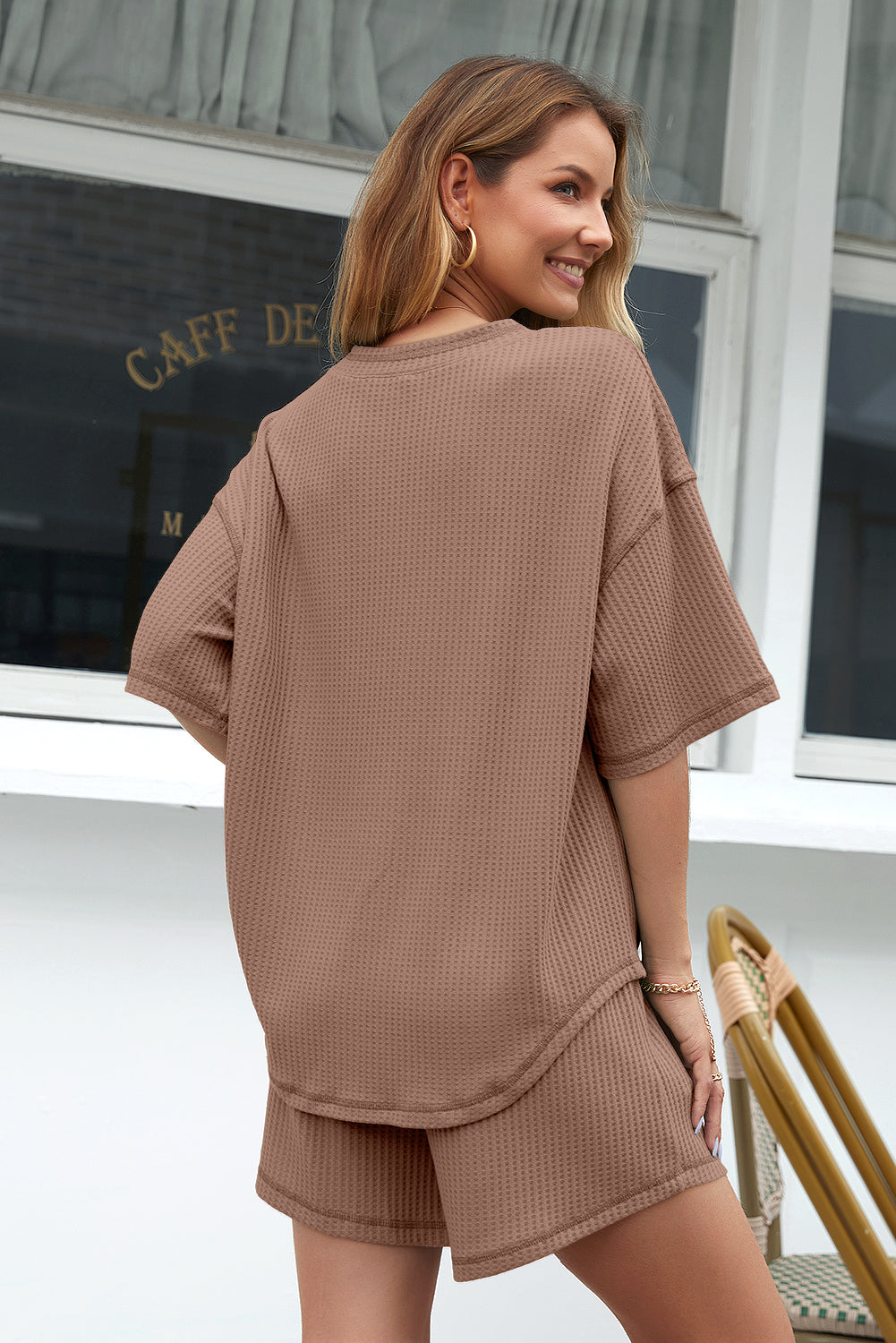 Chestnut Solid Color Waffled V Neck Loose Tee Drawstring Shorts Set