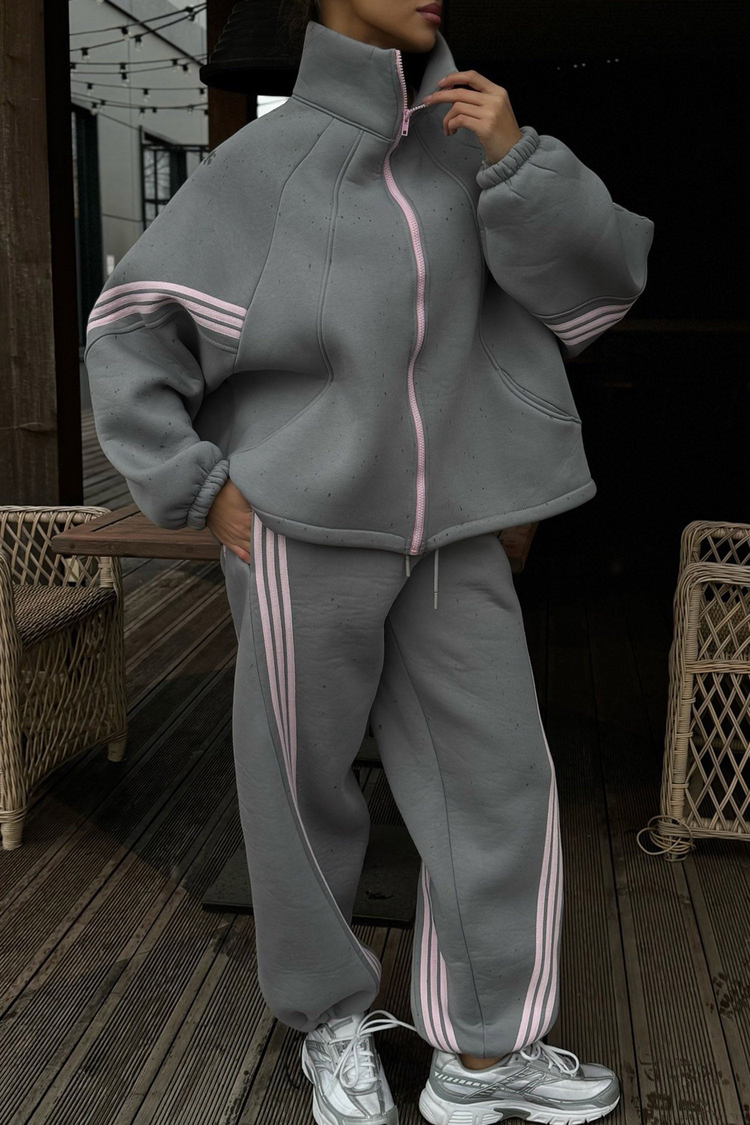 Medium Grey Striped Detail Zip High Neck Jacket Sporty Pants Sets