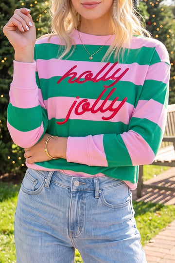 Green Stripe holly jolly Letter Embroidered Pullover Sweatshirt