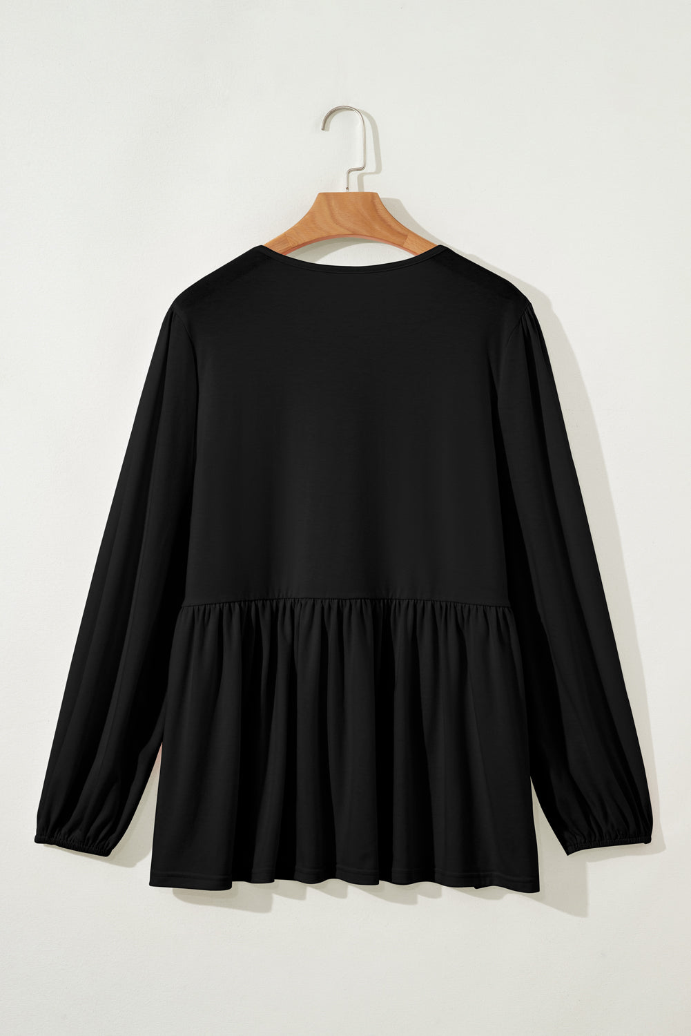 Black Solid Color Bow Tie Front Long Sleeve Plus Size Peplum Blouse