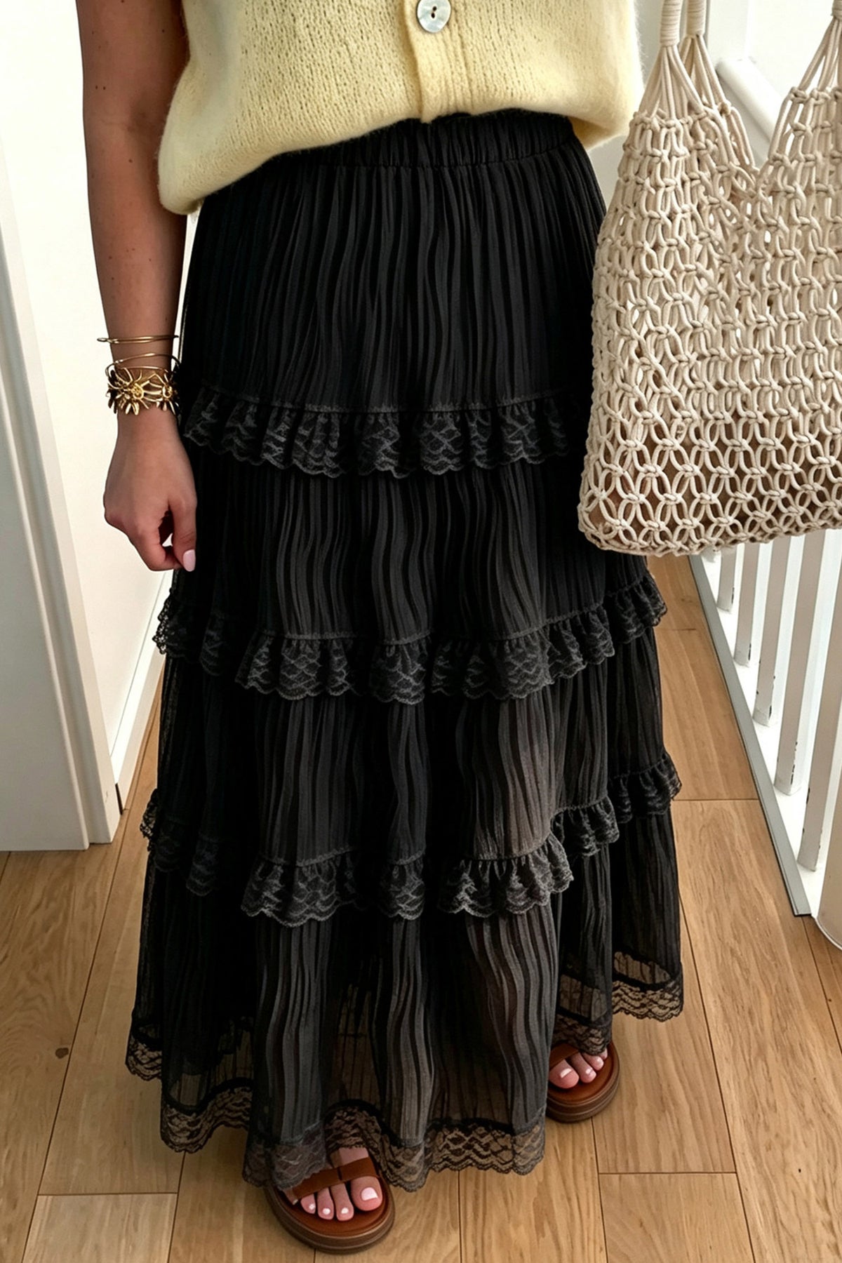 Black Pleated Tiered Lace Trim Maxi Skirt