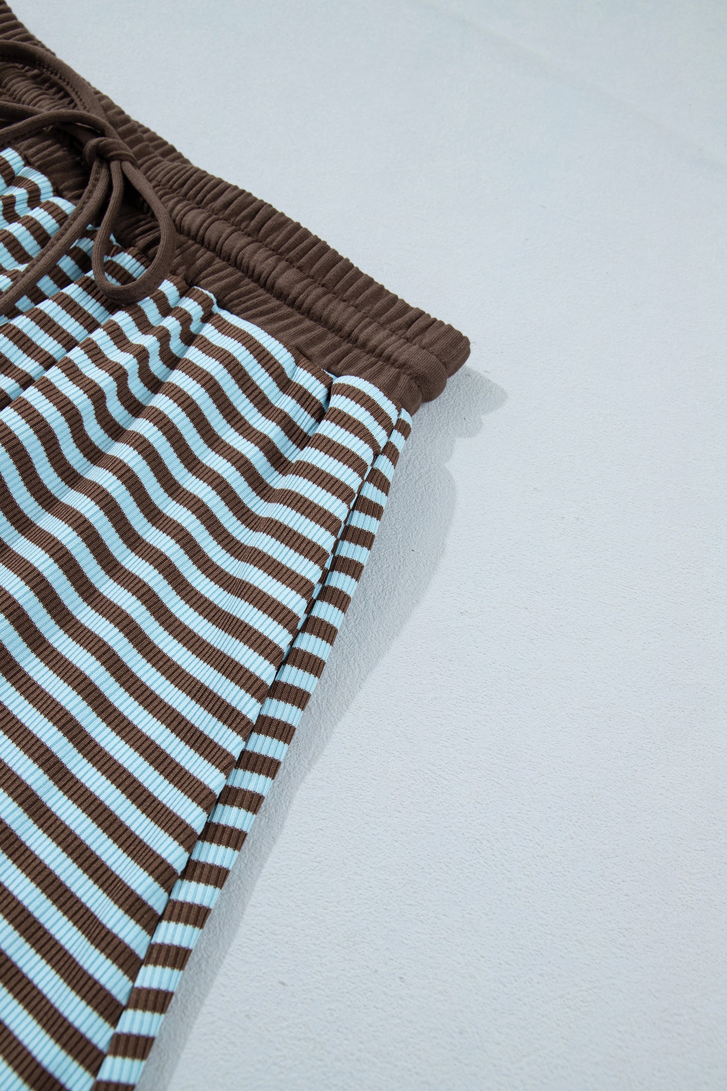 Brown Stripe Oversized Long Sleeve Top Drawstring Loose Shorts 2pcs Set