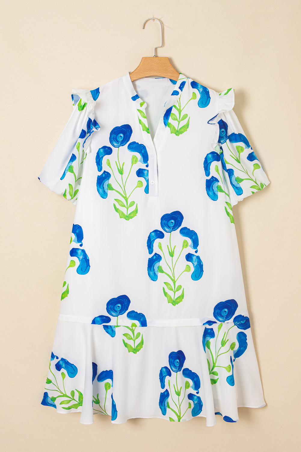 Sky Blue Floral Bubble Sleeve Plus Size Ruffled Mini Dress With Pockets