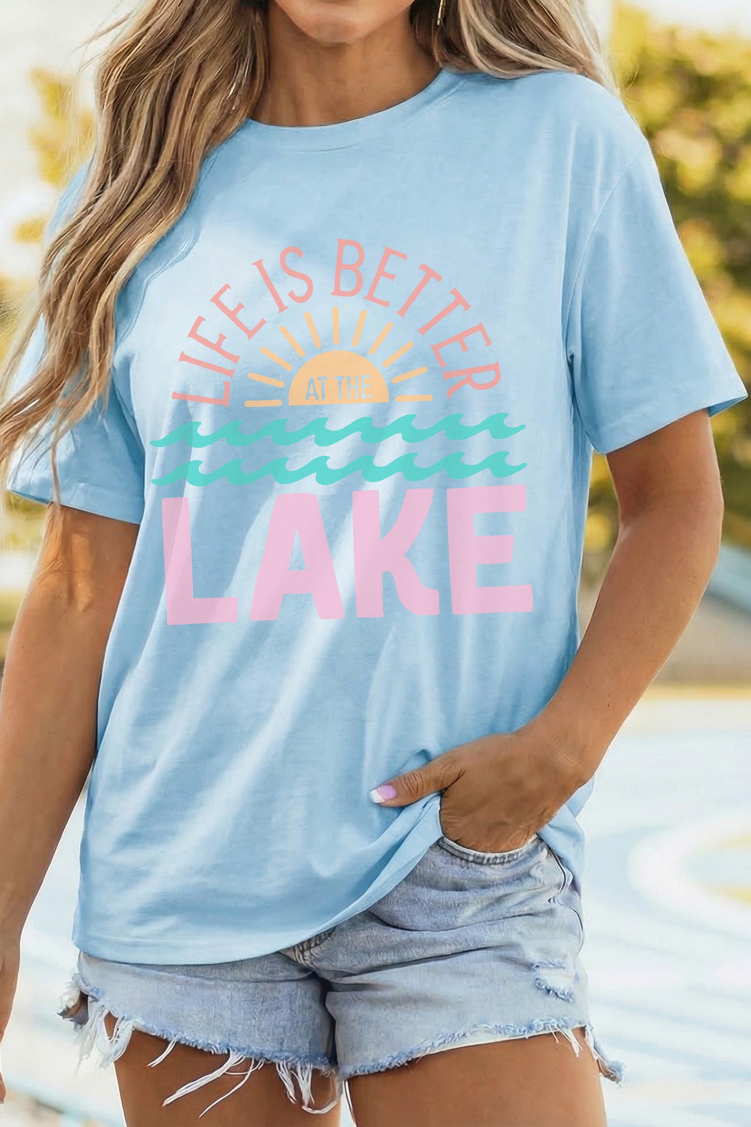 Light Blue LIFE IS BETTER AT THE LAKE Summer Vacation Graphic Tee