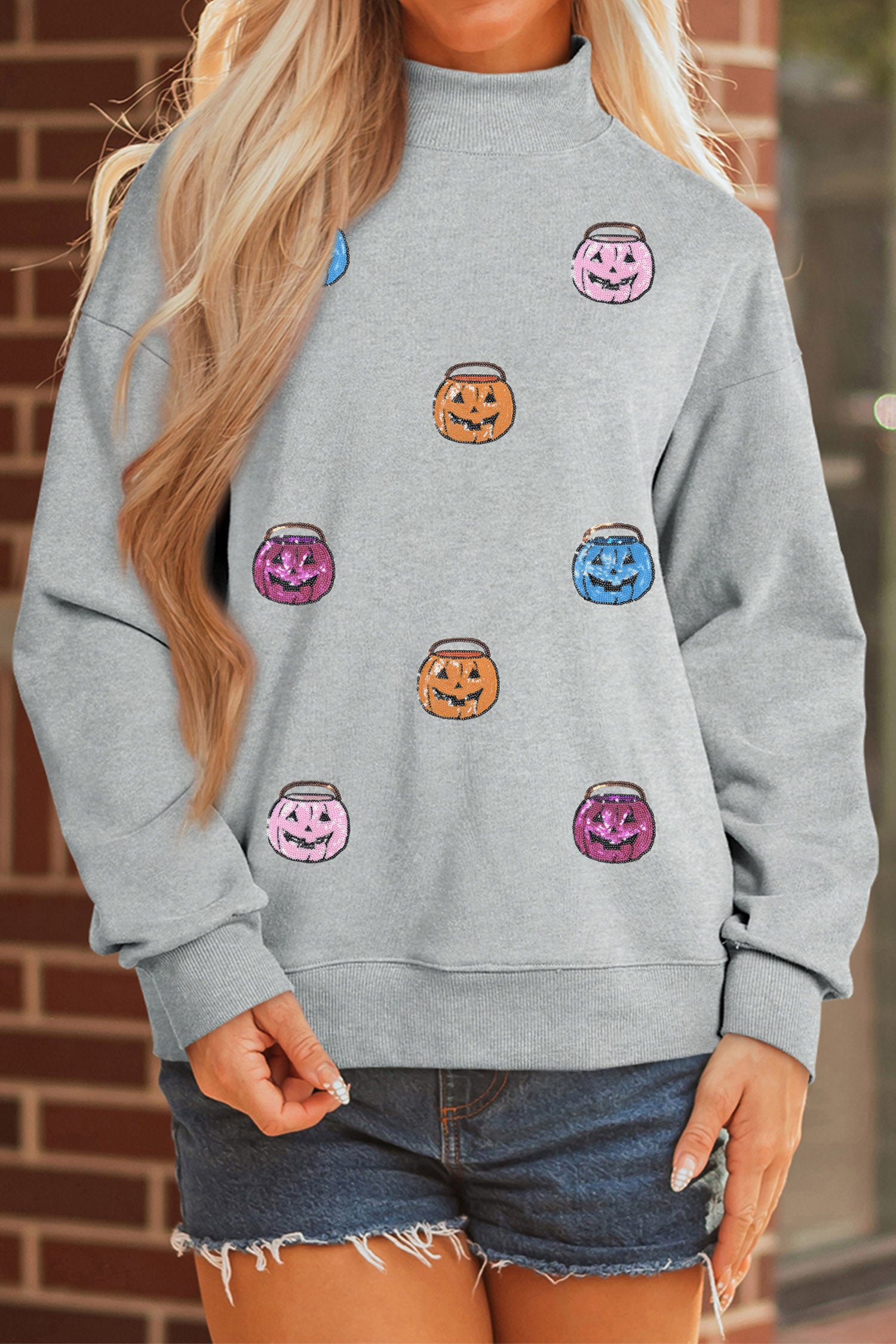 Gray Sequin Halloween Pumpkin Face Mock Neck Sweatshirt