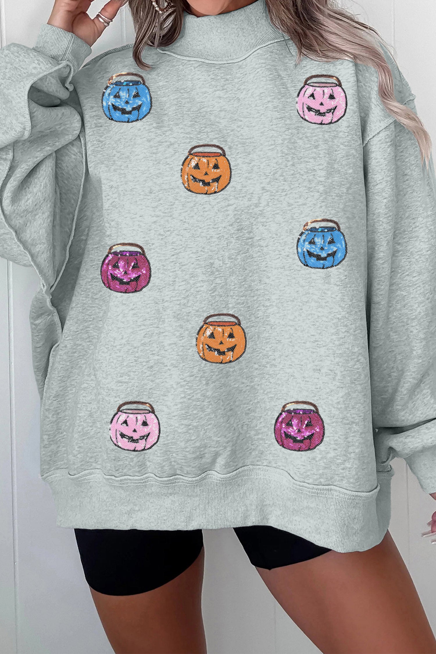 Gray Sequin Halloween Pumpkin Face Mock Neck Sweatshirt