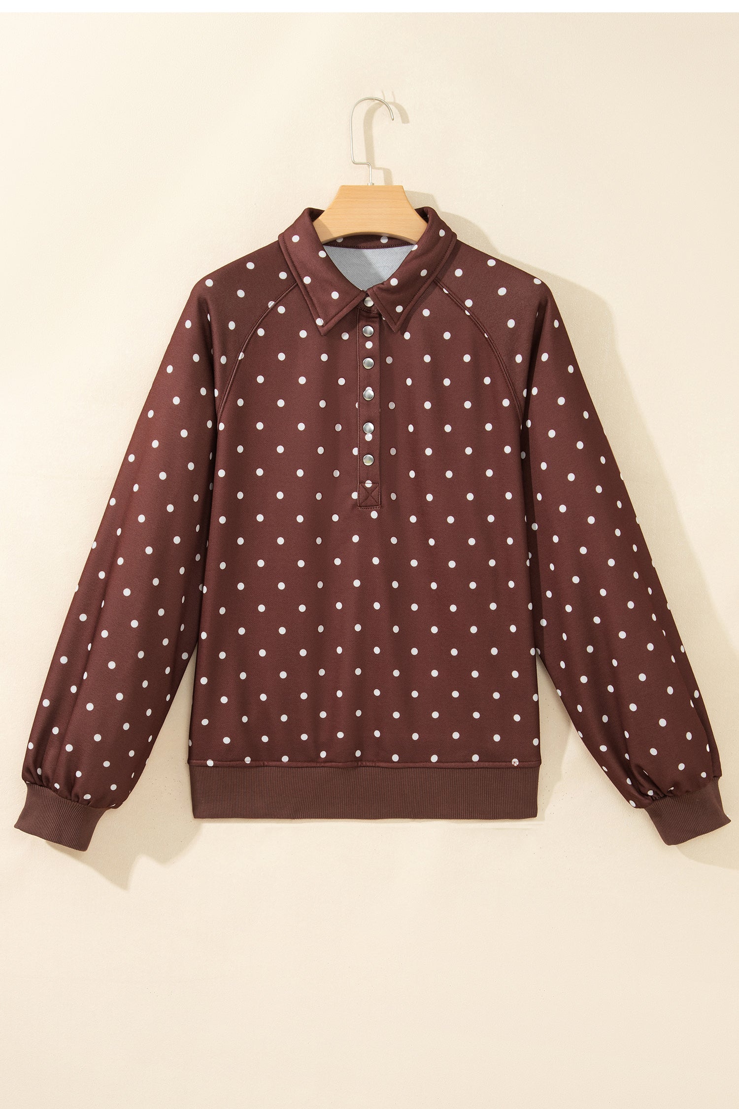 Brown Polka Dot Print Metal Button Collar Casual Pullover Sweatshirt