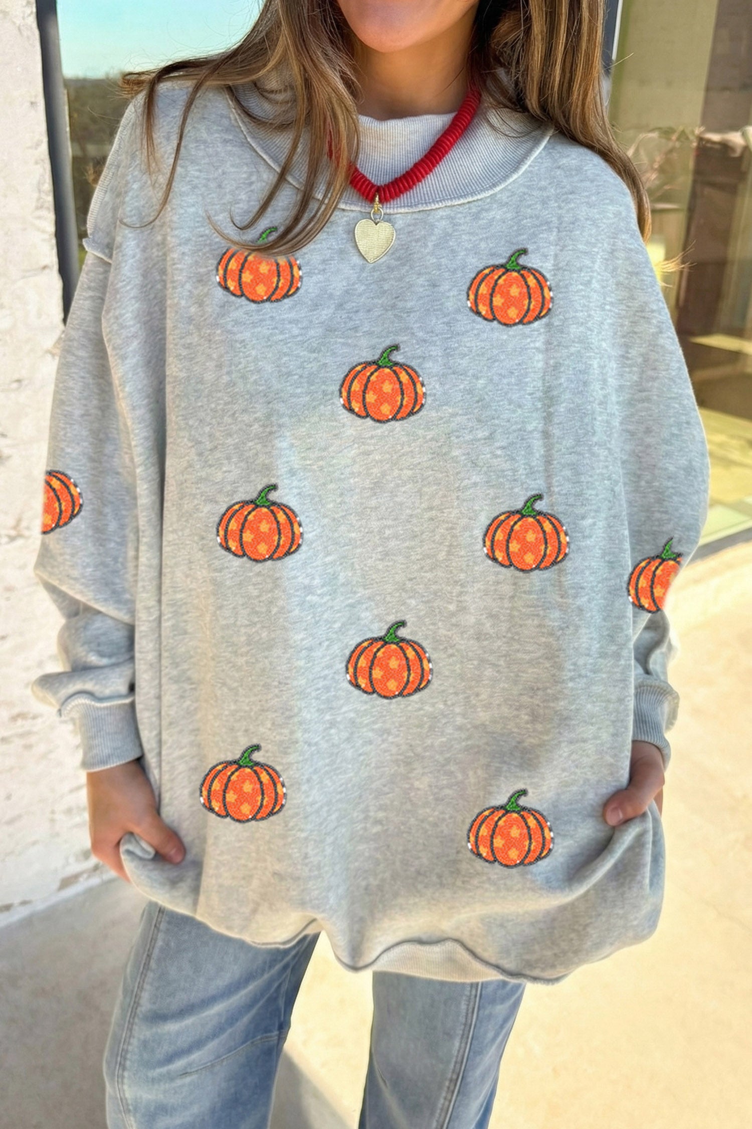 Light Grey Sequin Star Pumpkin Graphic Exposed Seam Mock Neck Sweatshirt