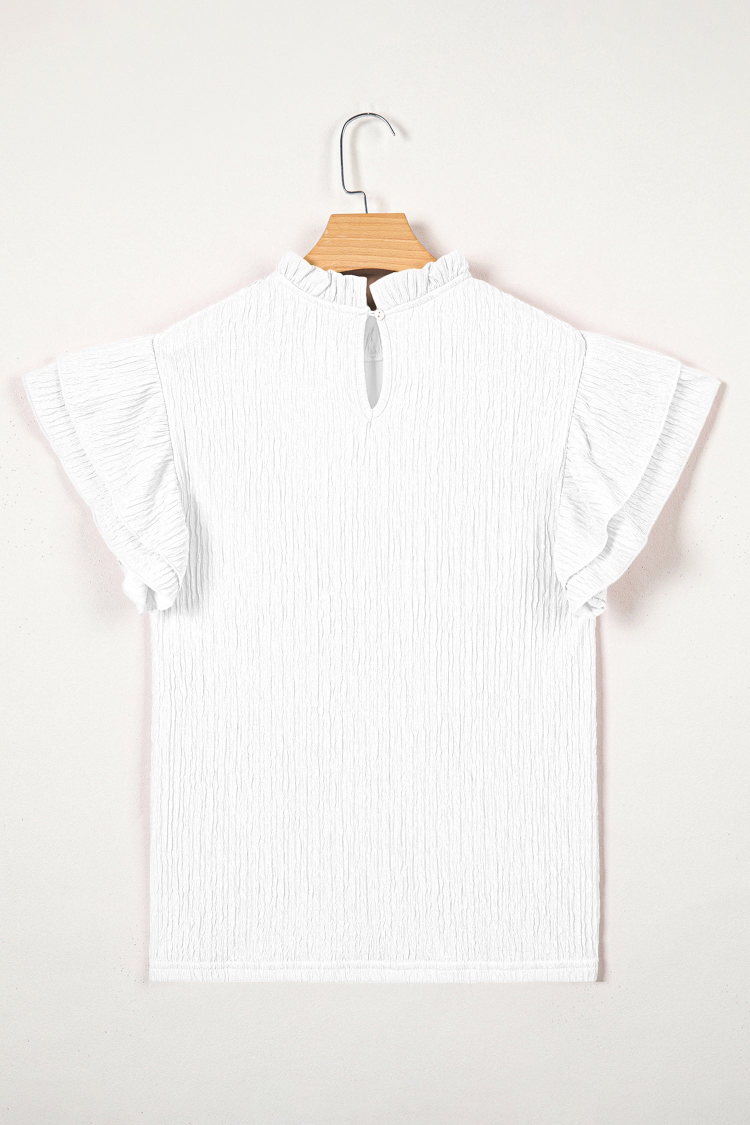 White Solid Color Textured Ruffle Trim Short Sleeve Blouse