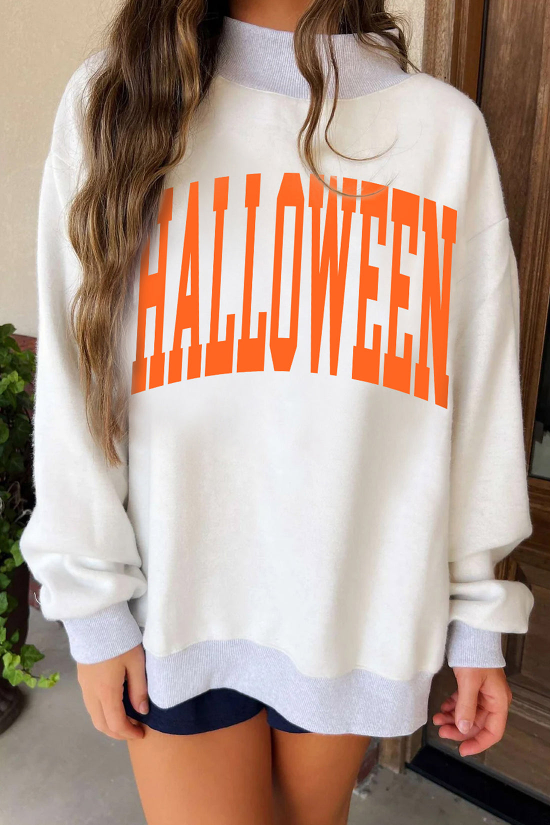 Light Grey Halloween Pumpkin Face Print Pullover Mock Neck Sweatshirt