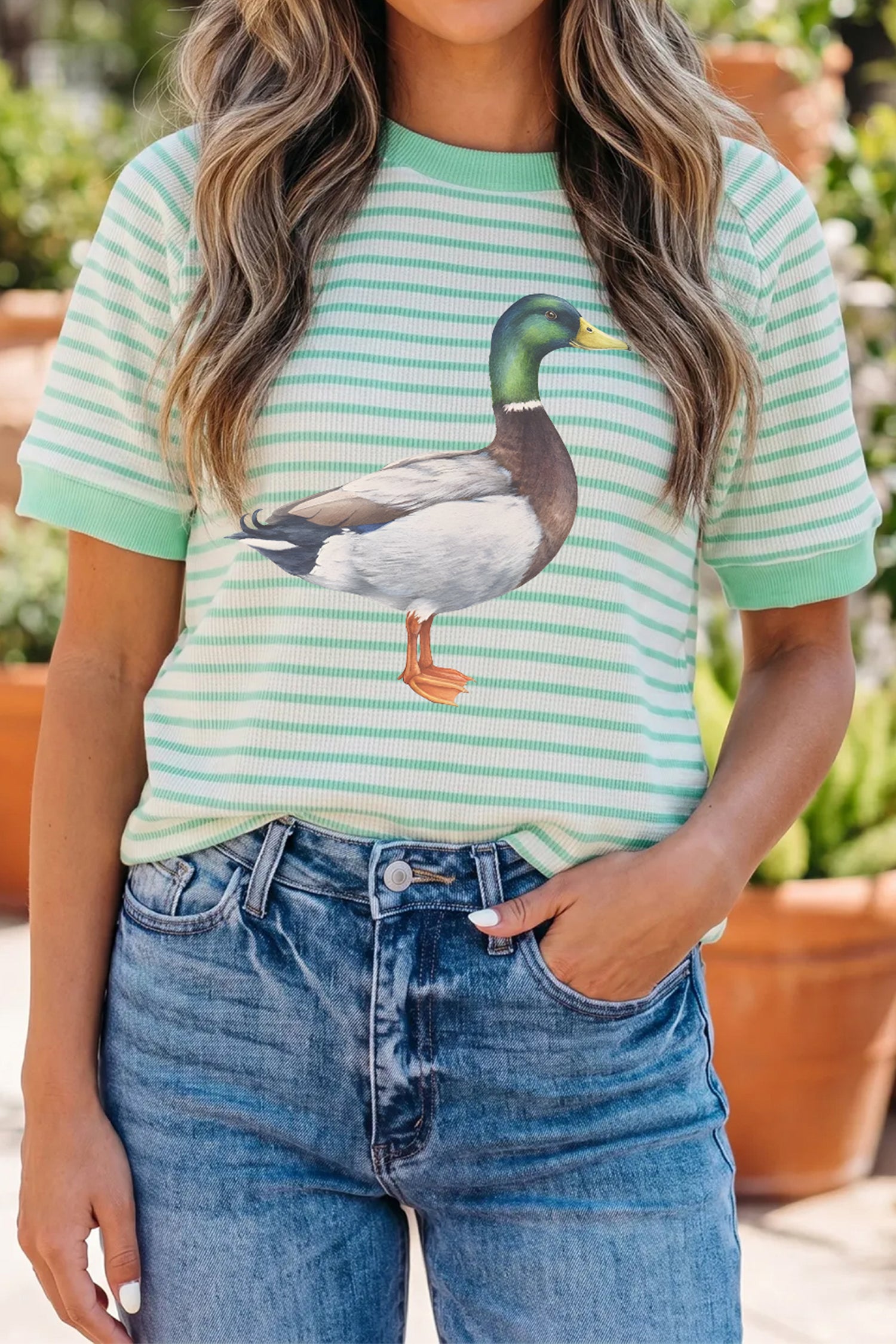 Green Stripe Casual Mallard Duck Raglan Graphic T-Shirt