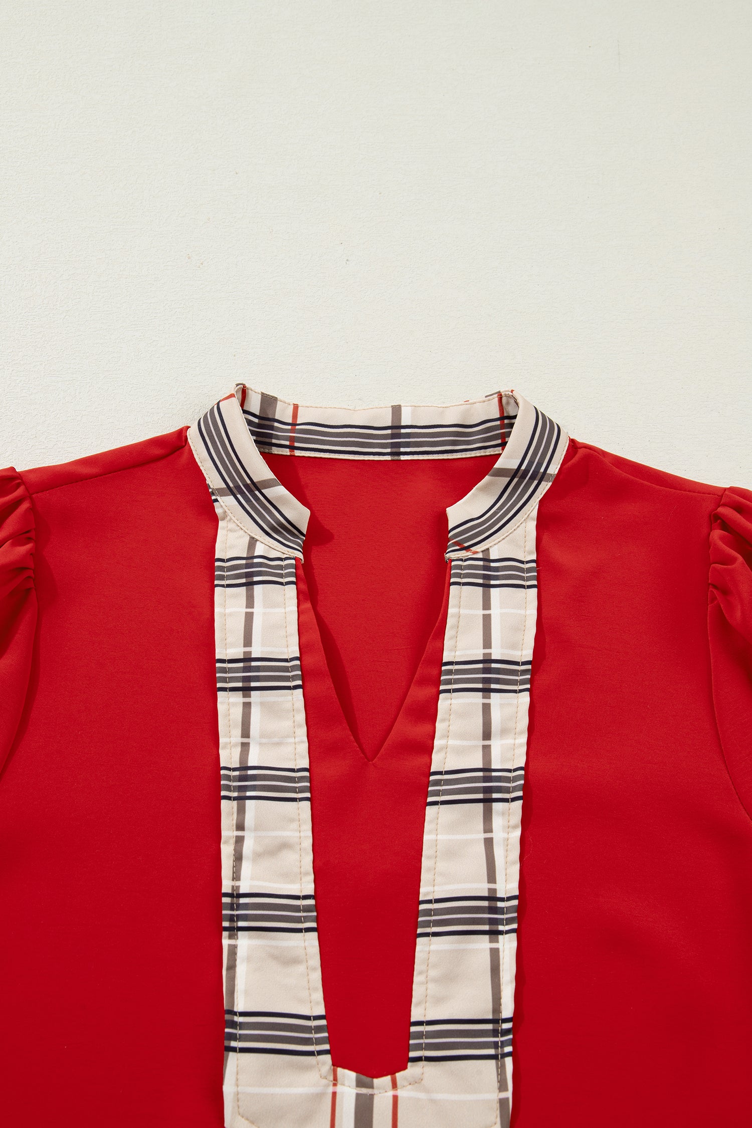 Racing Red Contrast Plaid Patchwork V Neck Long Sleeve Blouse