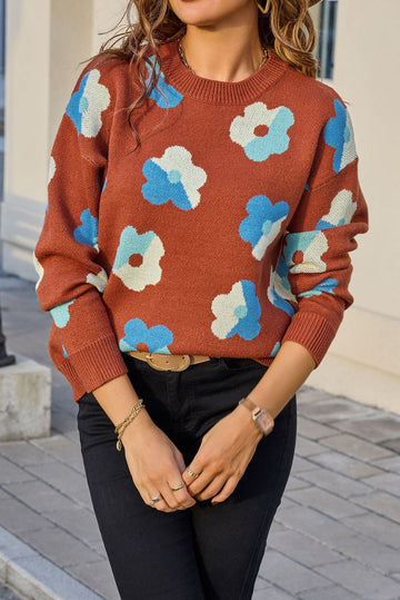 Brown Color Block Flower Cute Pattern Drop Shoulder Bulk Sweater