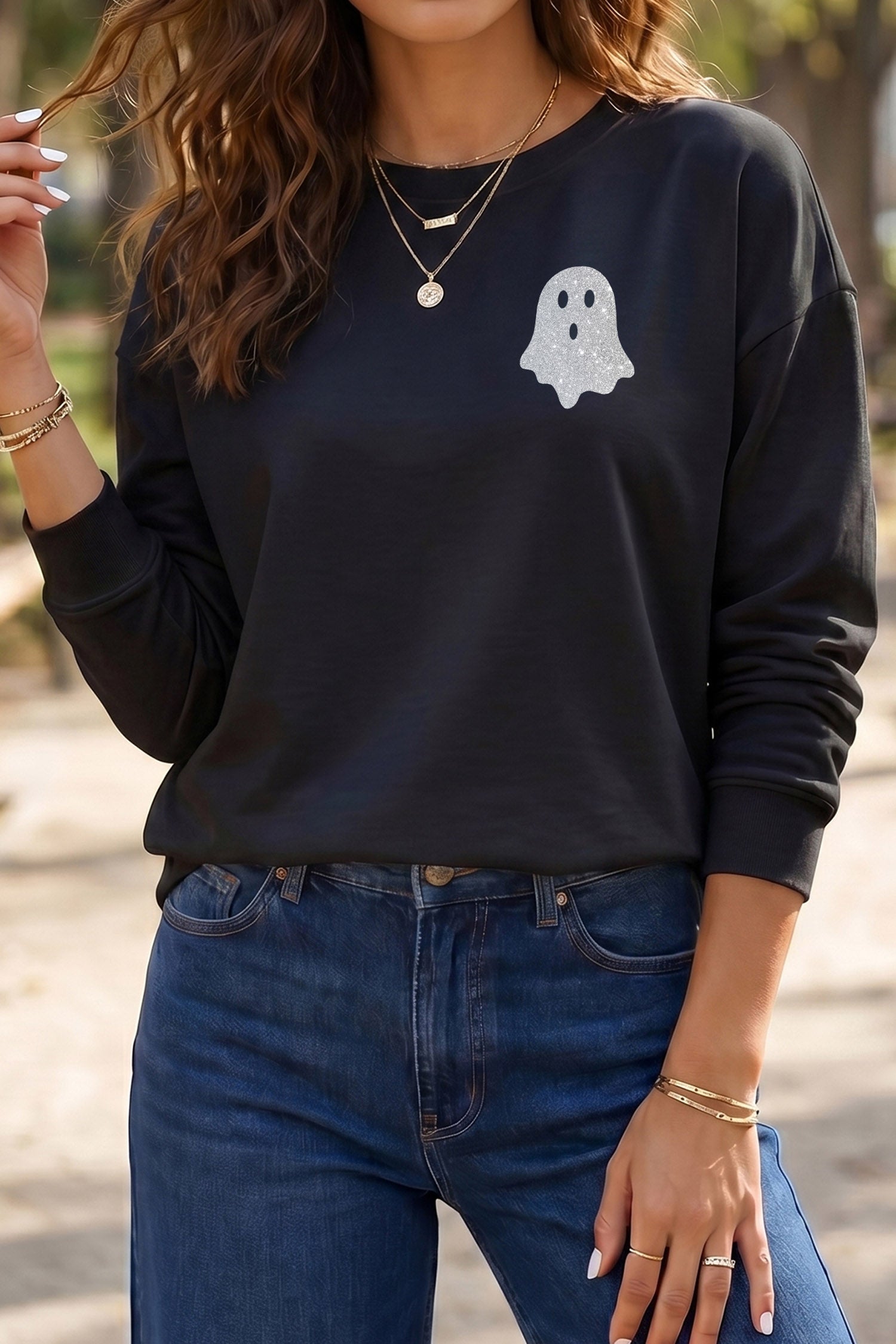 Black Round Neck Ghost Print Regular Fit Graphic Long Sleeve T-Shirt
