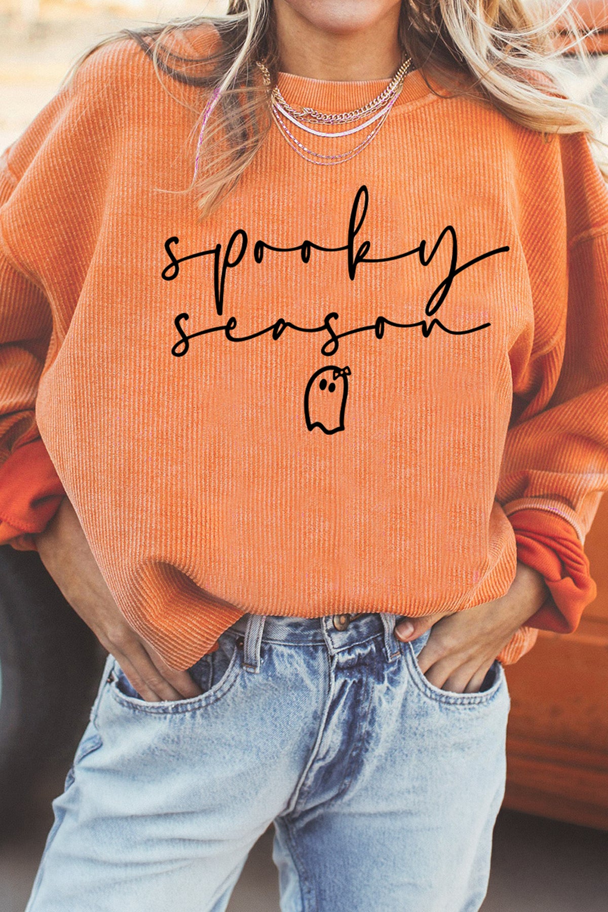 Orange Spooky Season Ghost Letter Print Cozy Ribbed Pullover Sweatshirt