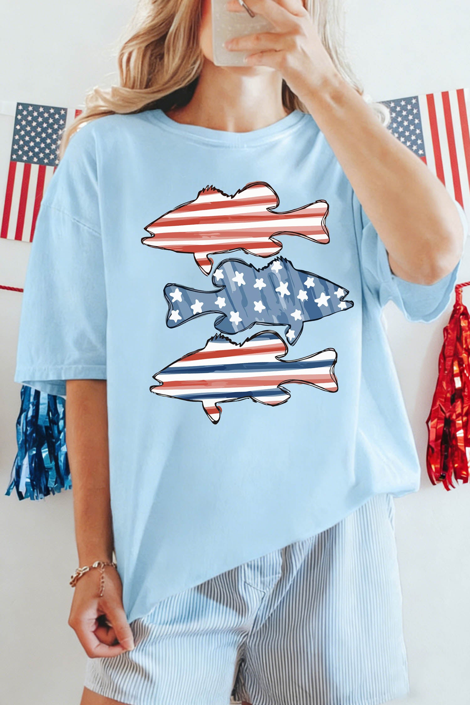 Light Blue Patriotic Fish Print Relaxed Graphic T Shirt