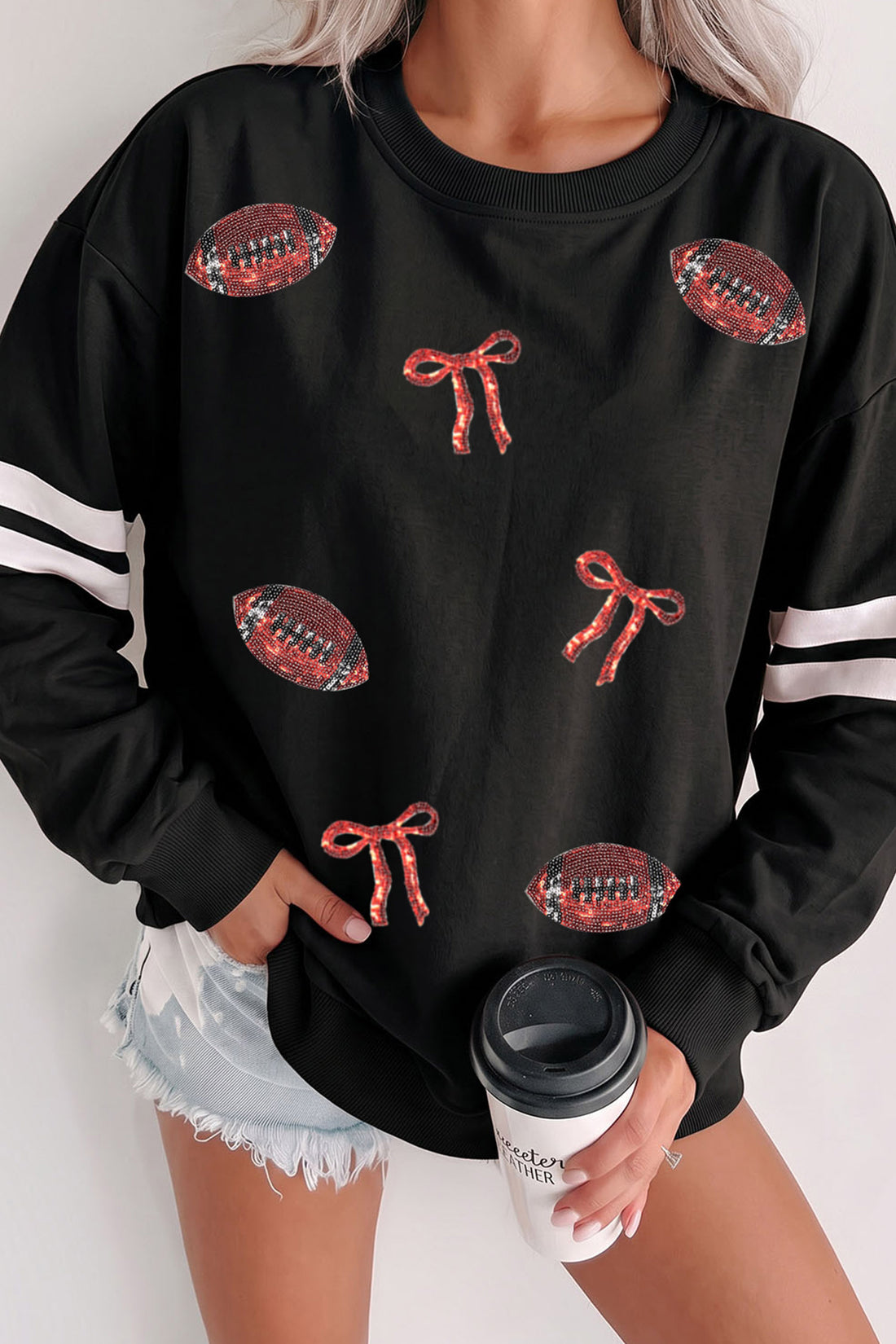Black Rhinestone Rugby Bow Game Day Sweatshirt