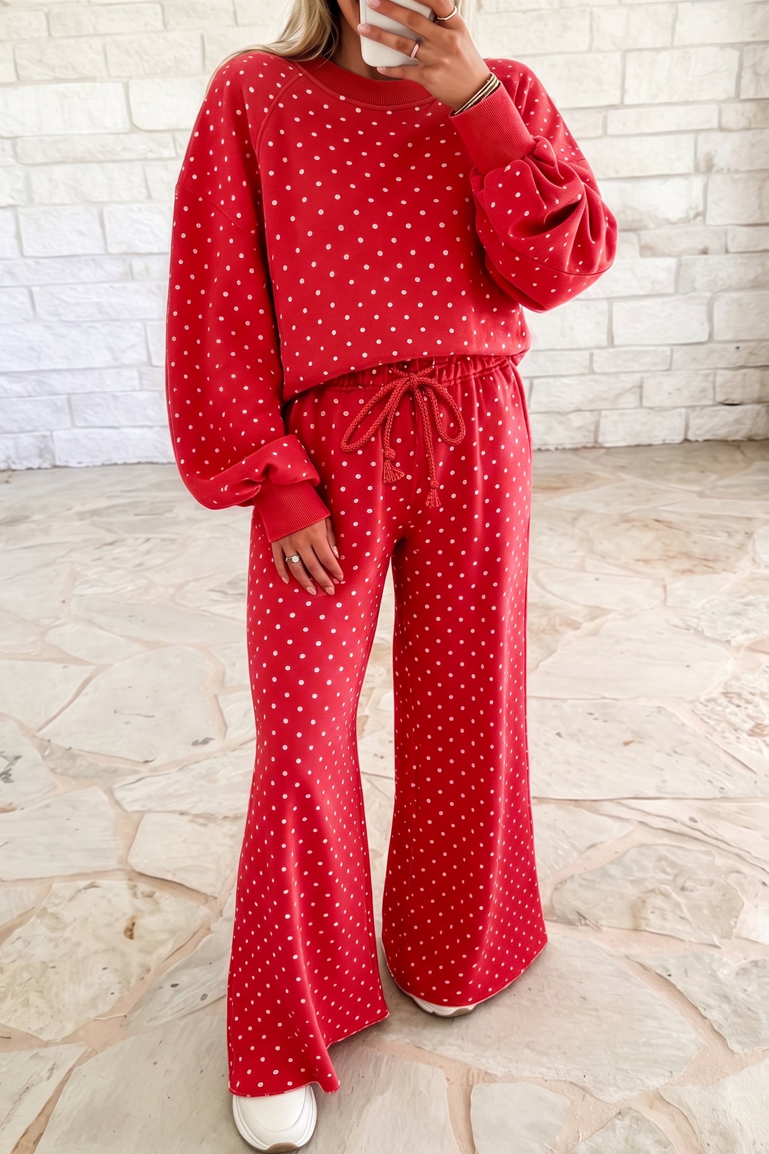 Red Polka Dot Drawstring Wide Leg Long Sleeve Top Pant Set