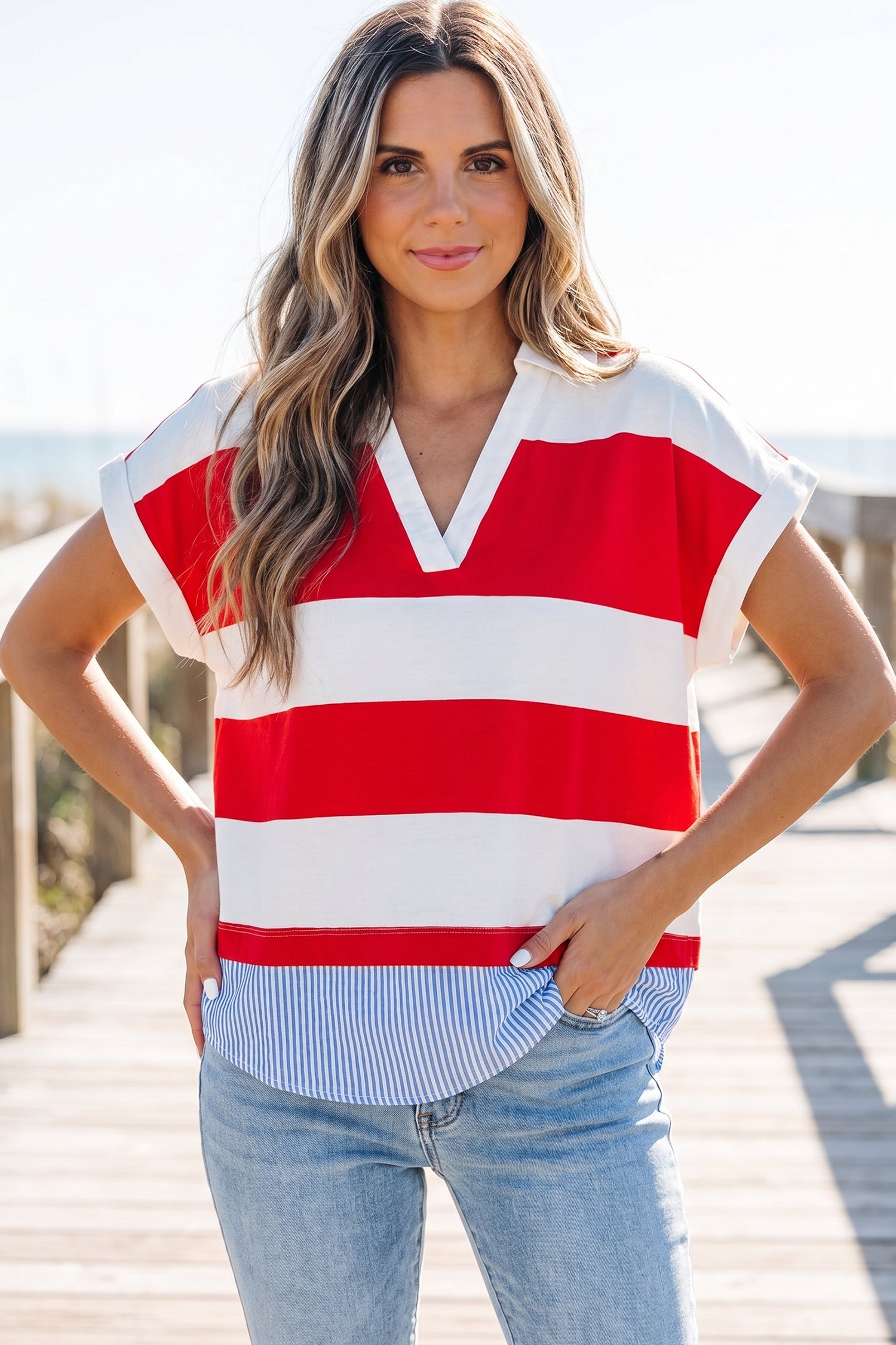 Red Stripe Collar V Neck Cuffed Dolman Short Sleeve Top