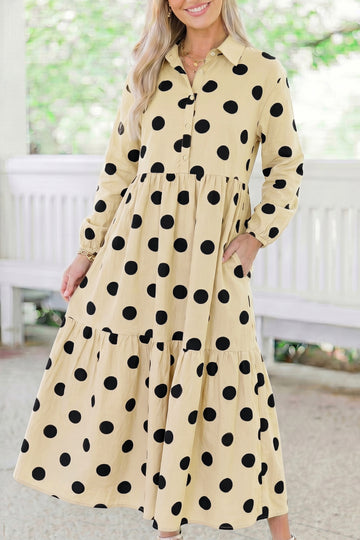 Apricot Polka Dot Button Front Long Sleeve Shift Dress