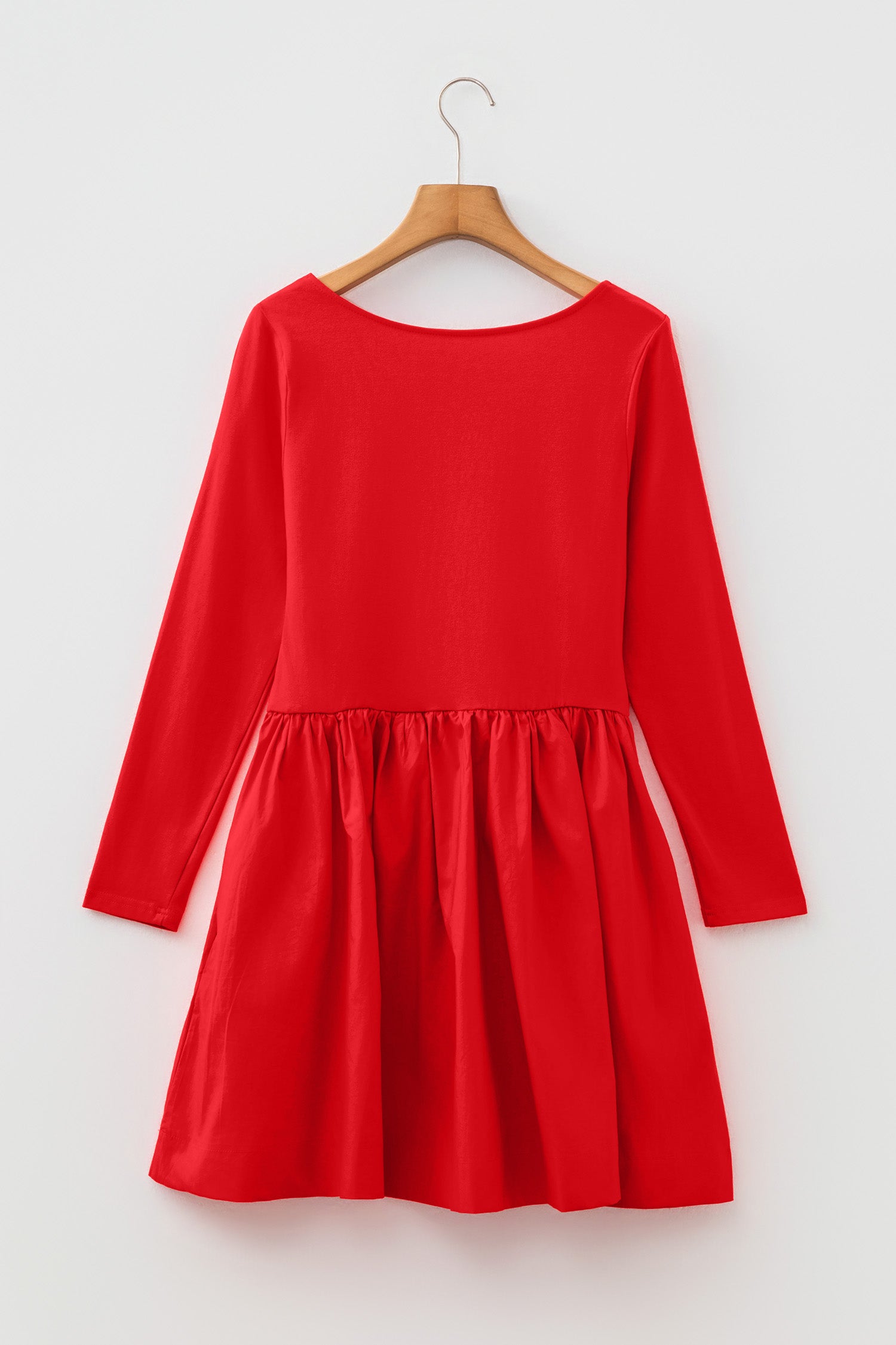 Fiery Red U Neck Long Sleeve Fit and Flare Short Dress