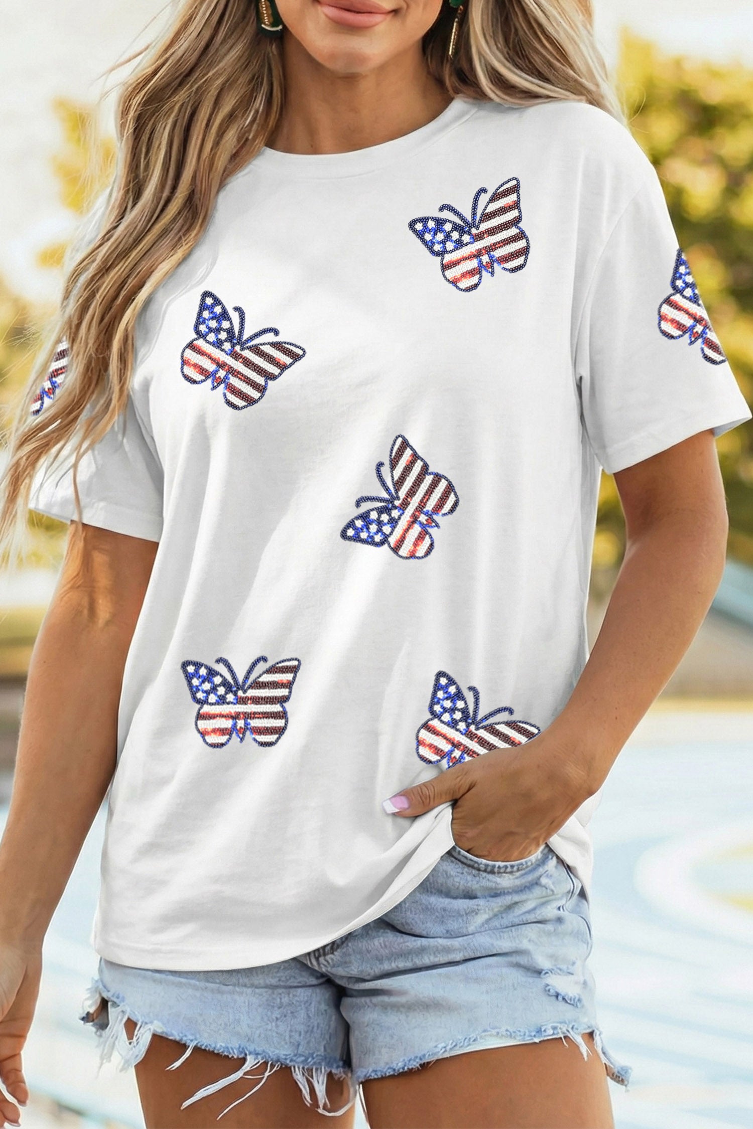 White Patriotic Sequin Butterfly Casual T Shirt