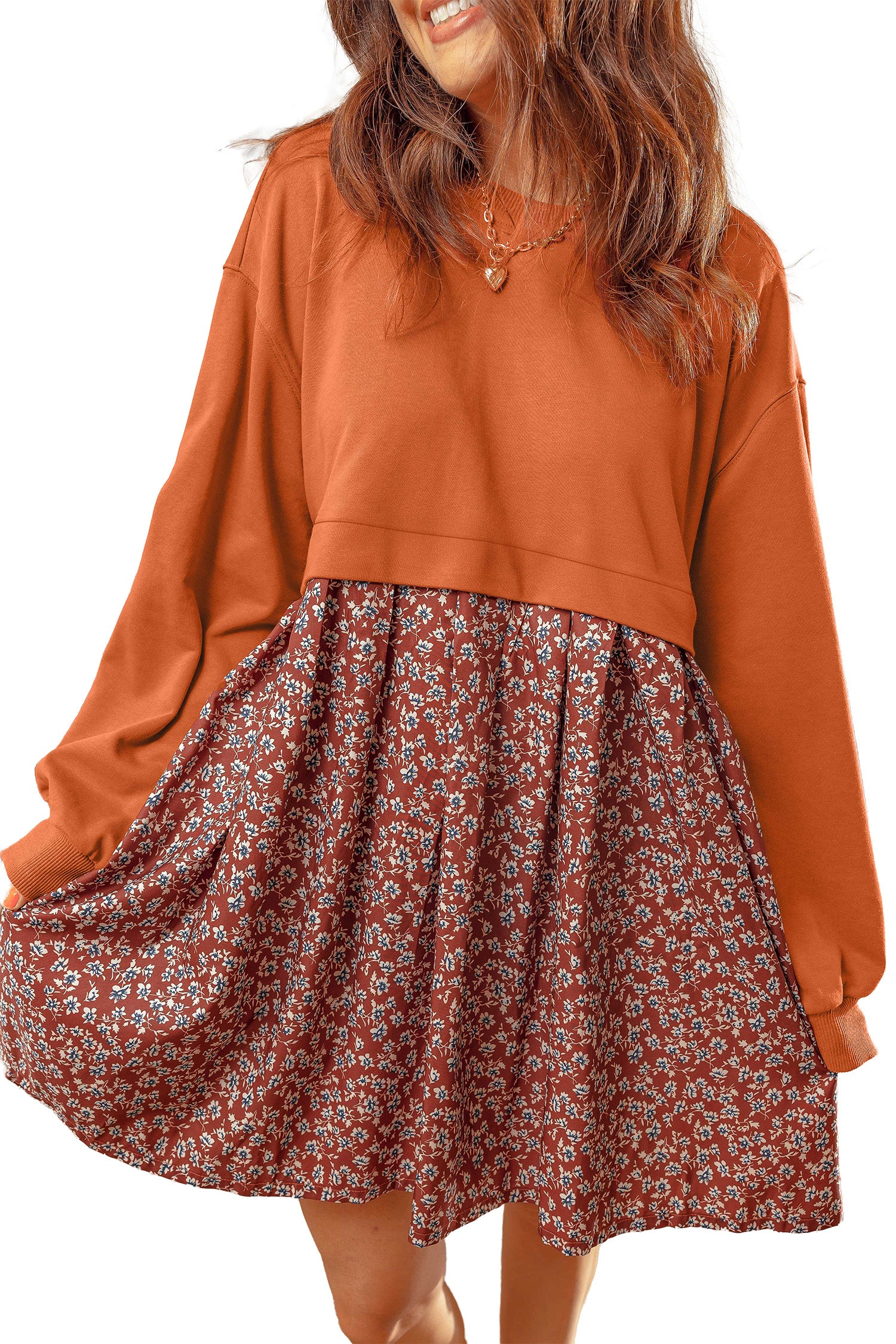 Orange Solid Long Sleeve Top Patchwork Floral Flared 2-in-1 Mini Dress