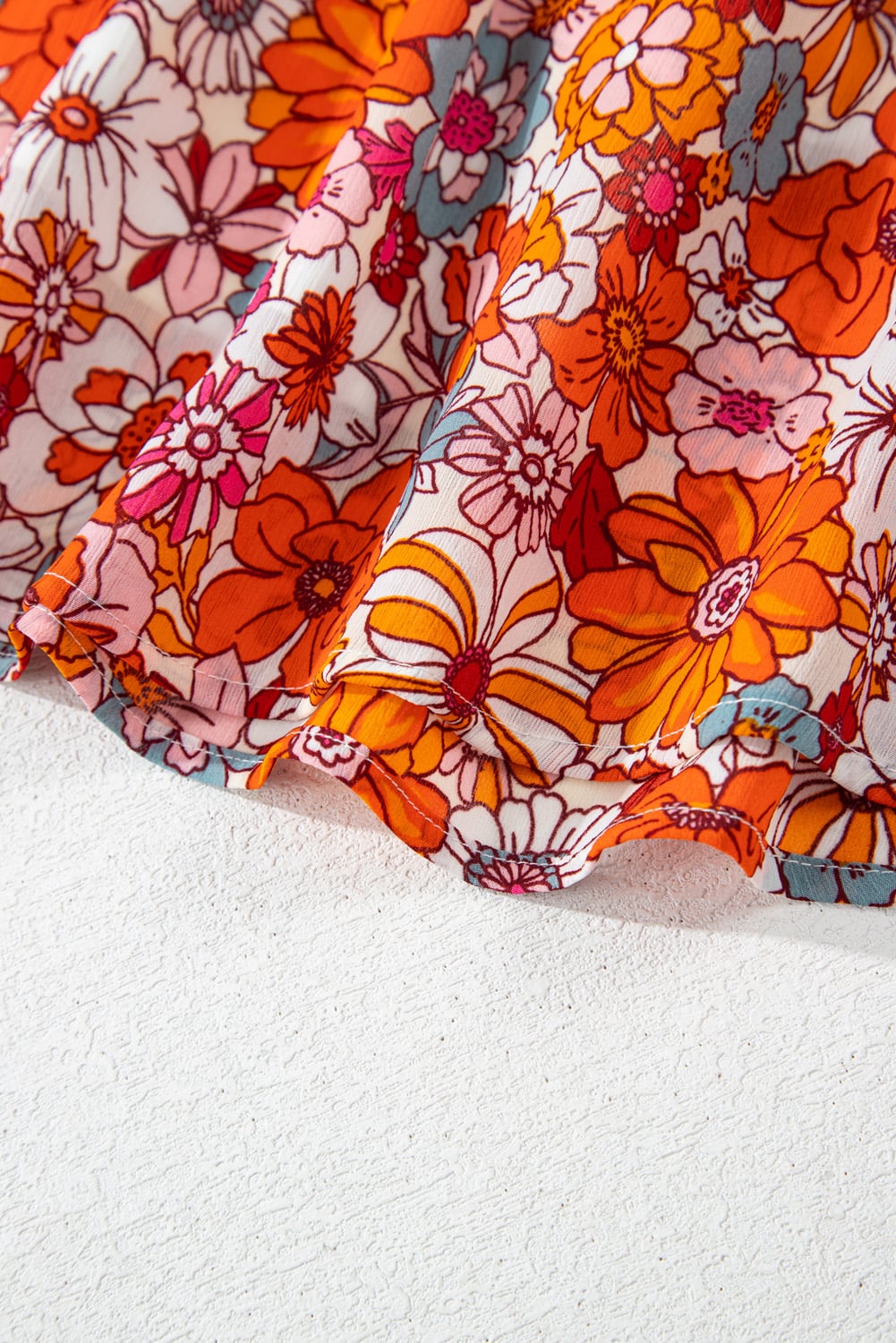 Orange Floral Print V Neck Pleated Ruffle Short Sleeve Blouse