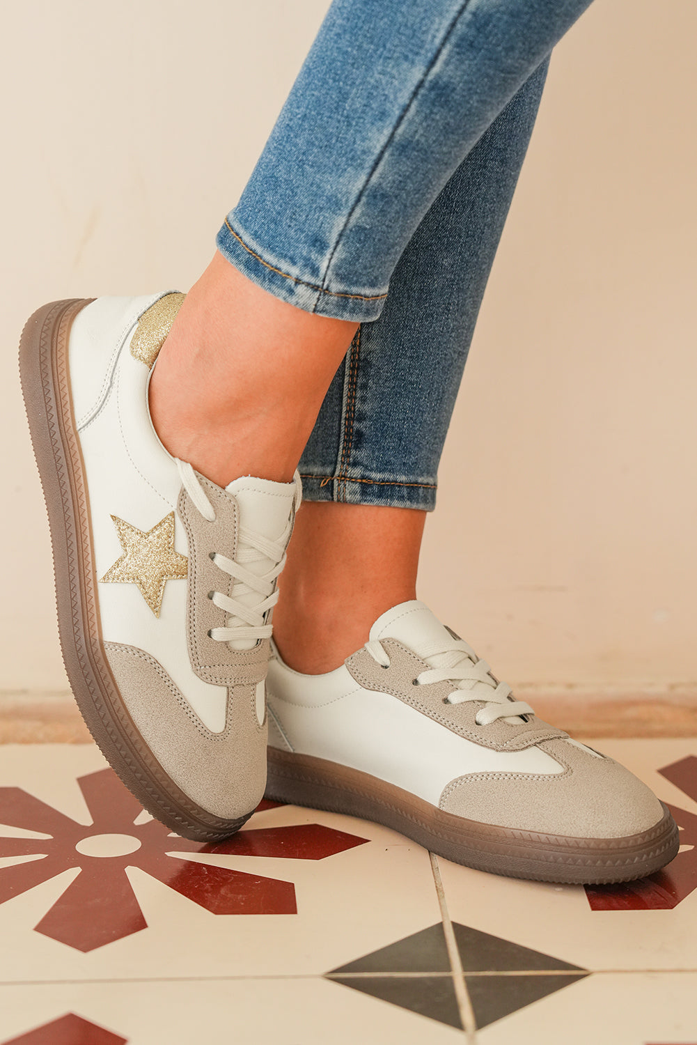 Gold Shimmer Star Patch Colorblock Lace up Retro Flattie