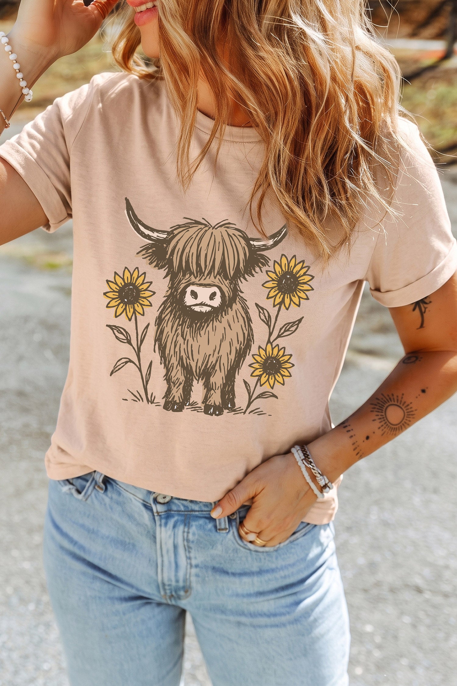 Khaki Western Print Highland Cow Graphic T-Shirt
