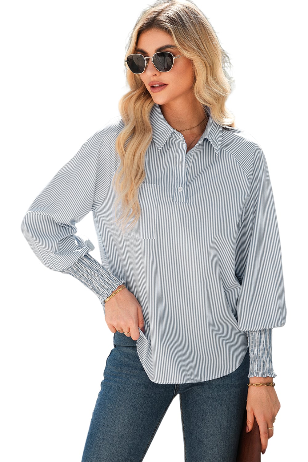 Gray Pinstripe Long Sleeve Smocked Cuffs Button Shirt Collar Blouse