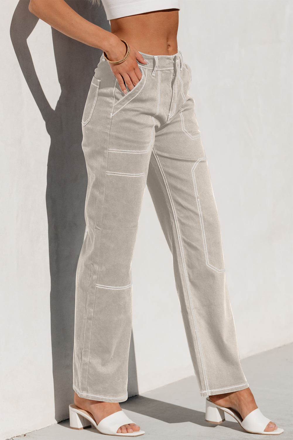 Apricot Contrast Stitching Multi Pockets Loose Jeans