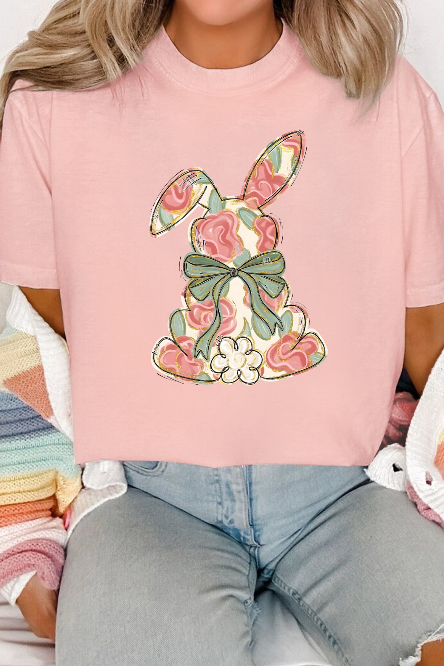 Pink Whimsical Floral Rabbit Easter Graphic Tee